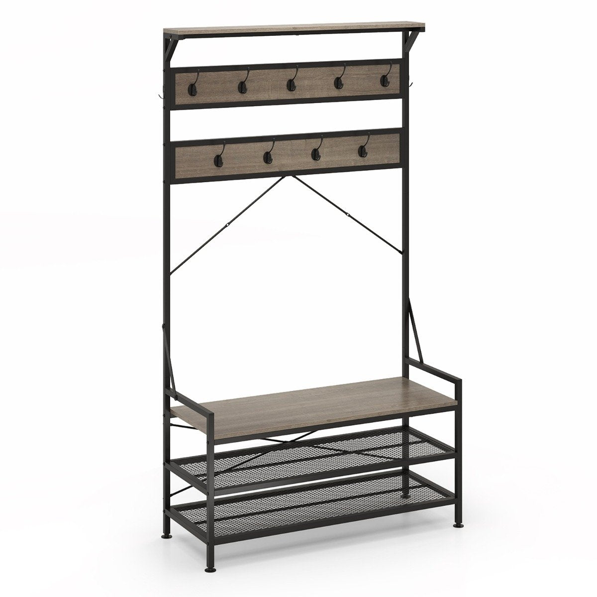 Coat Rack with Shoe Bench and Storage Shelves, Grey