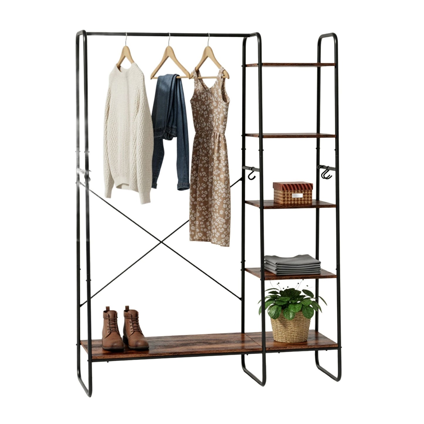 Coat Rack with Shoe Shelf, Metal Frame, Wood Shelves