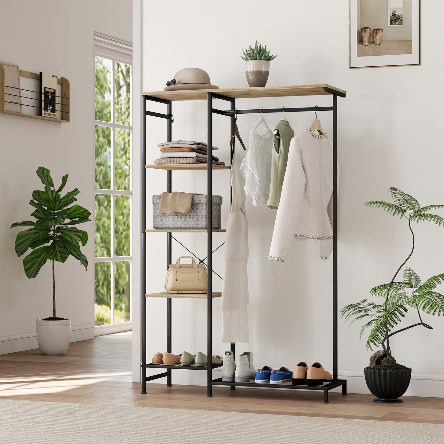 Coat Rack with Shoe Shelf and Safety Strap, Oak