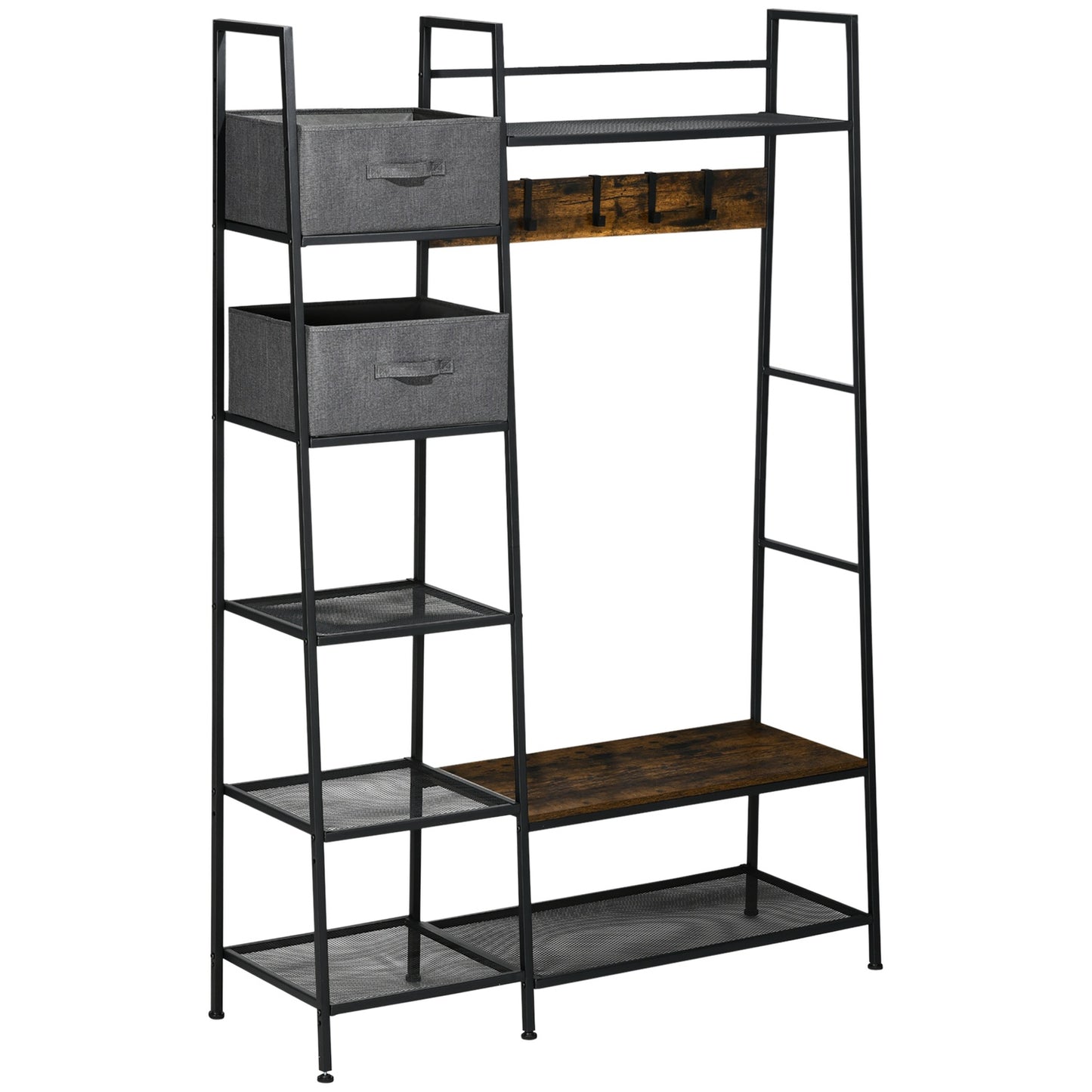 Rustic brown coat hanger with bench & fabric drawers, 185cm