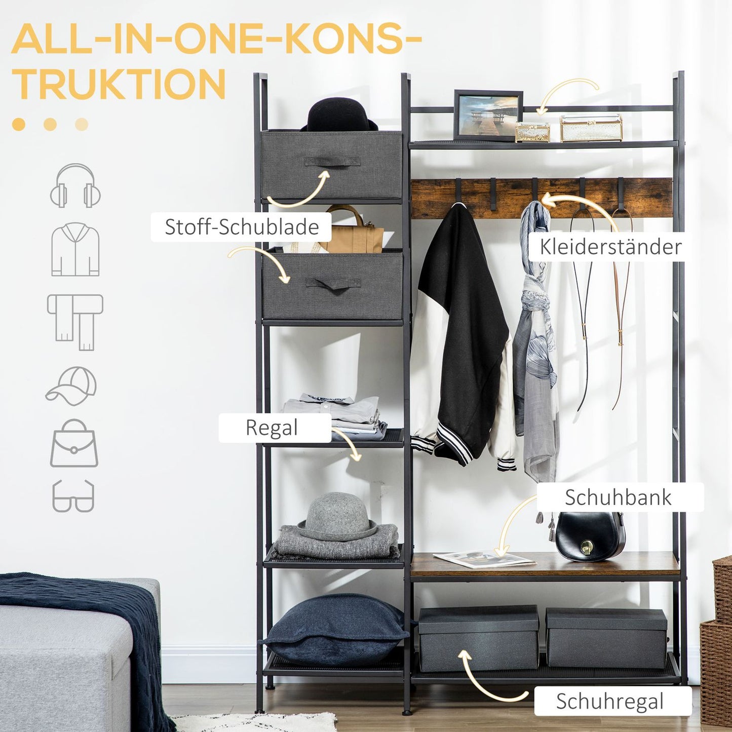 Rustic brown coat hanger with bench & fabric drawers, 185cm