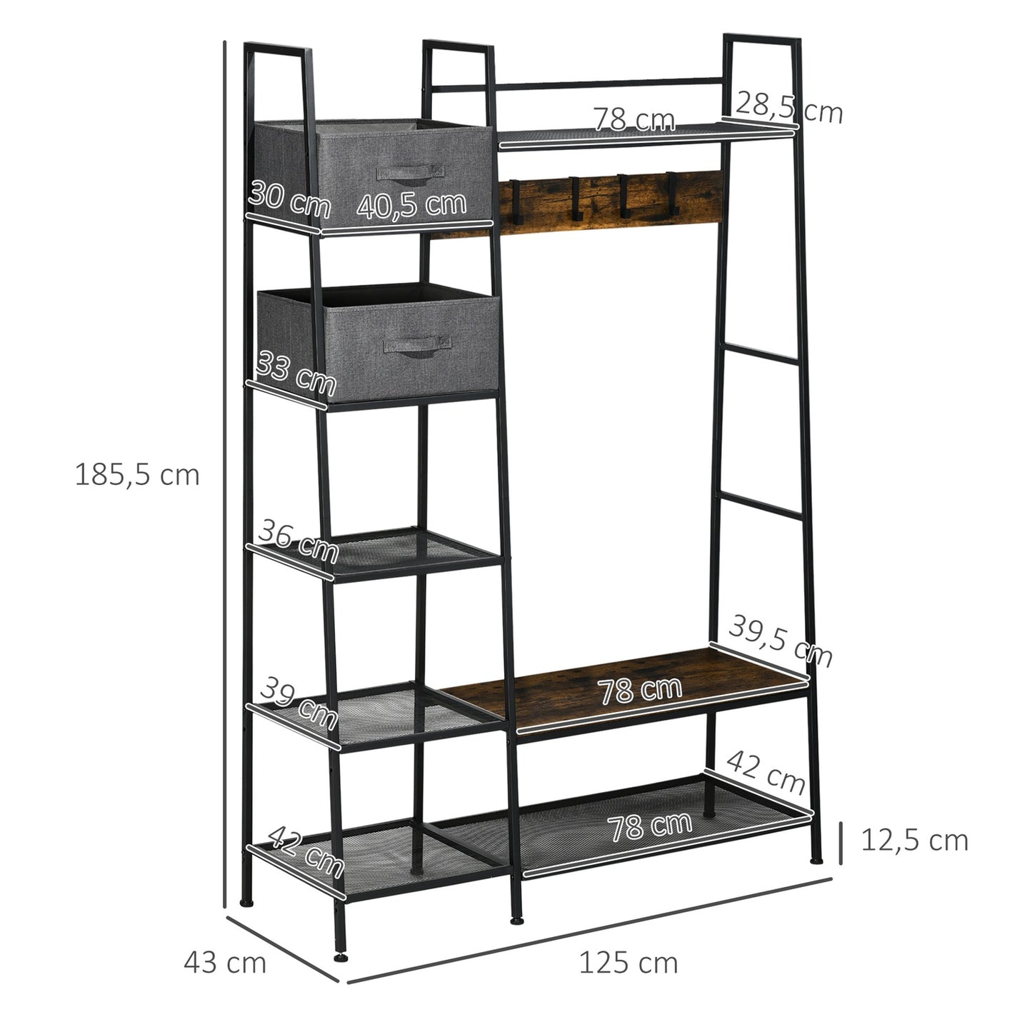 Rustic brown coat hanger with bench & fabric drawers, 185cm