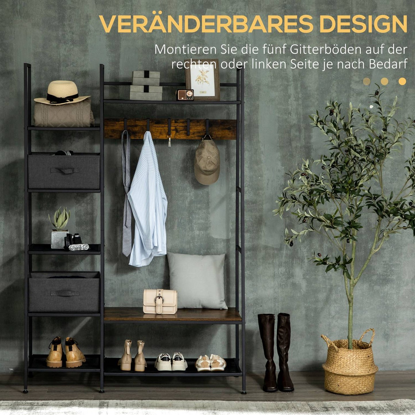Rustic brown coat hanger with bench & fabric drawers, 185cm