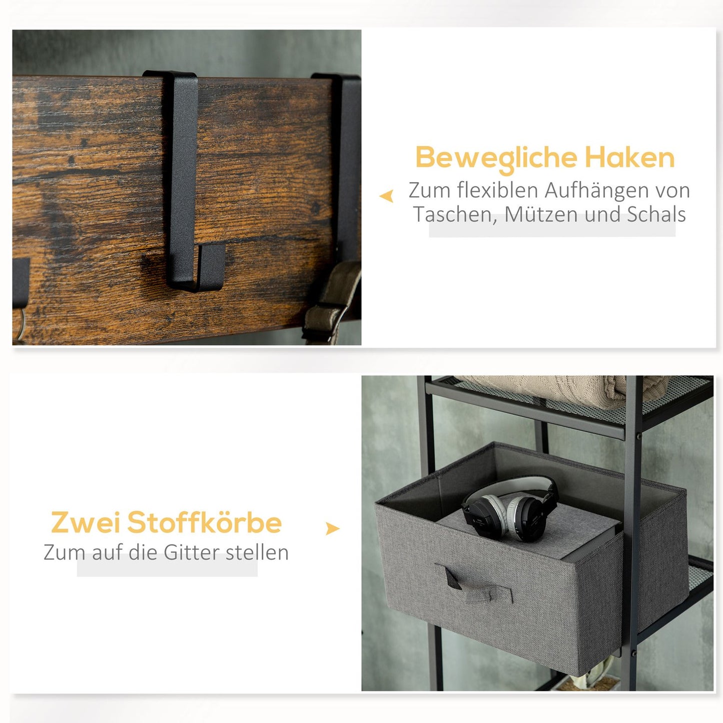 Rustic brown coat hanger with bench & fabric drawers, 185cm