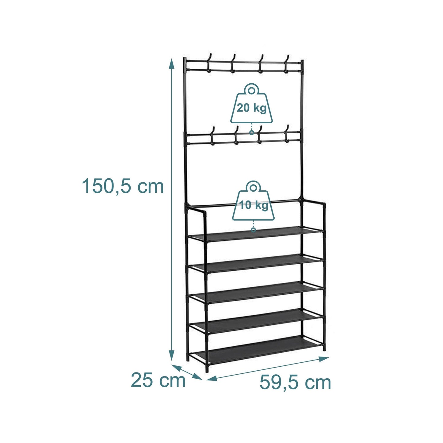 Coat Stand & Shoe Rack with 4 Tiers and 8 Hooks