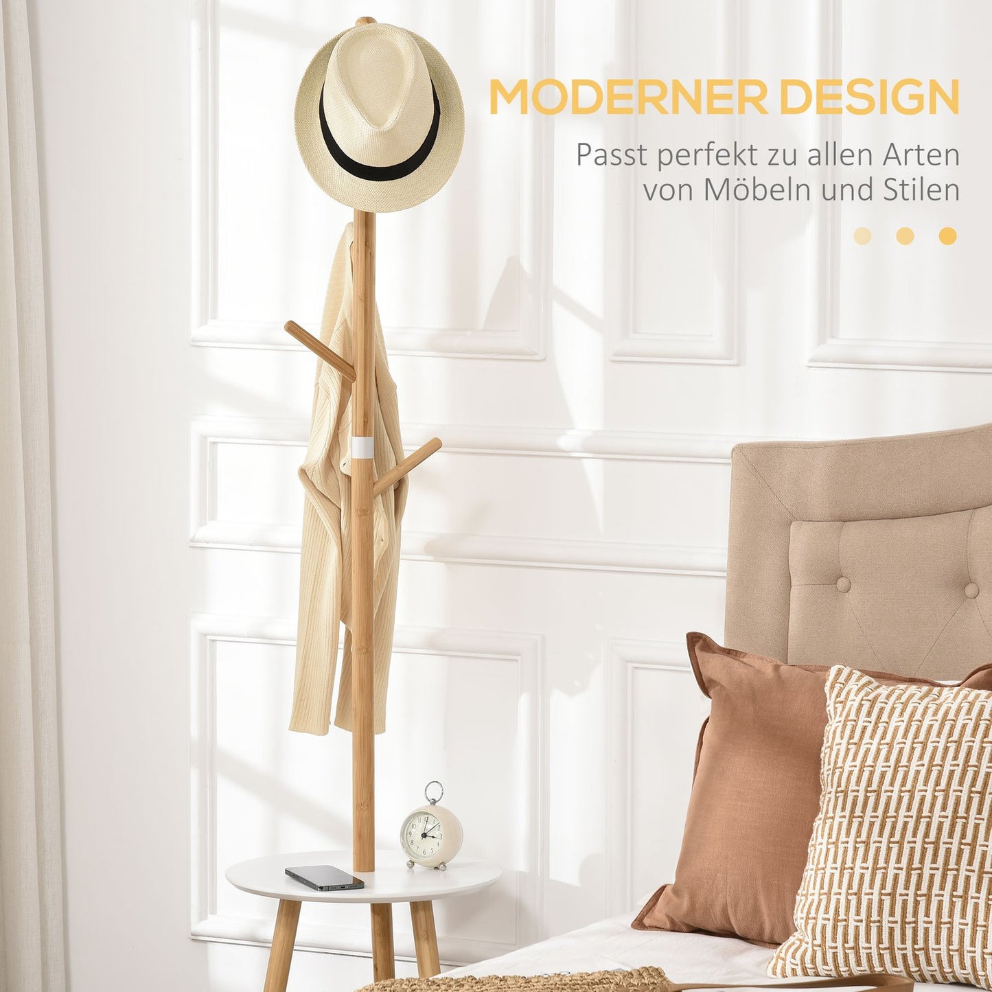 Clothes rack with 5 hooks & side table, 171 cm, natural/white