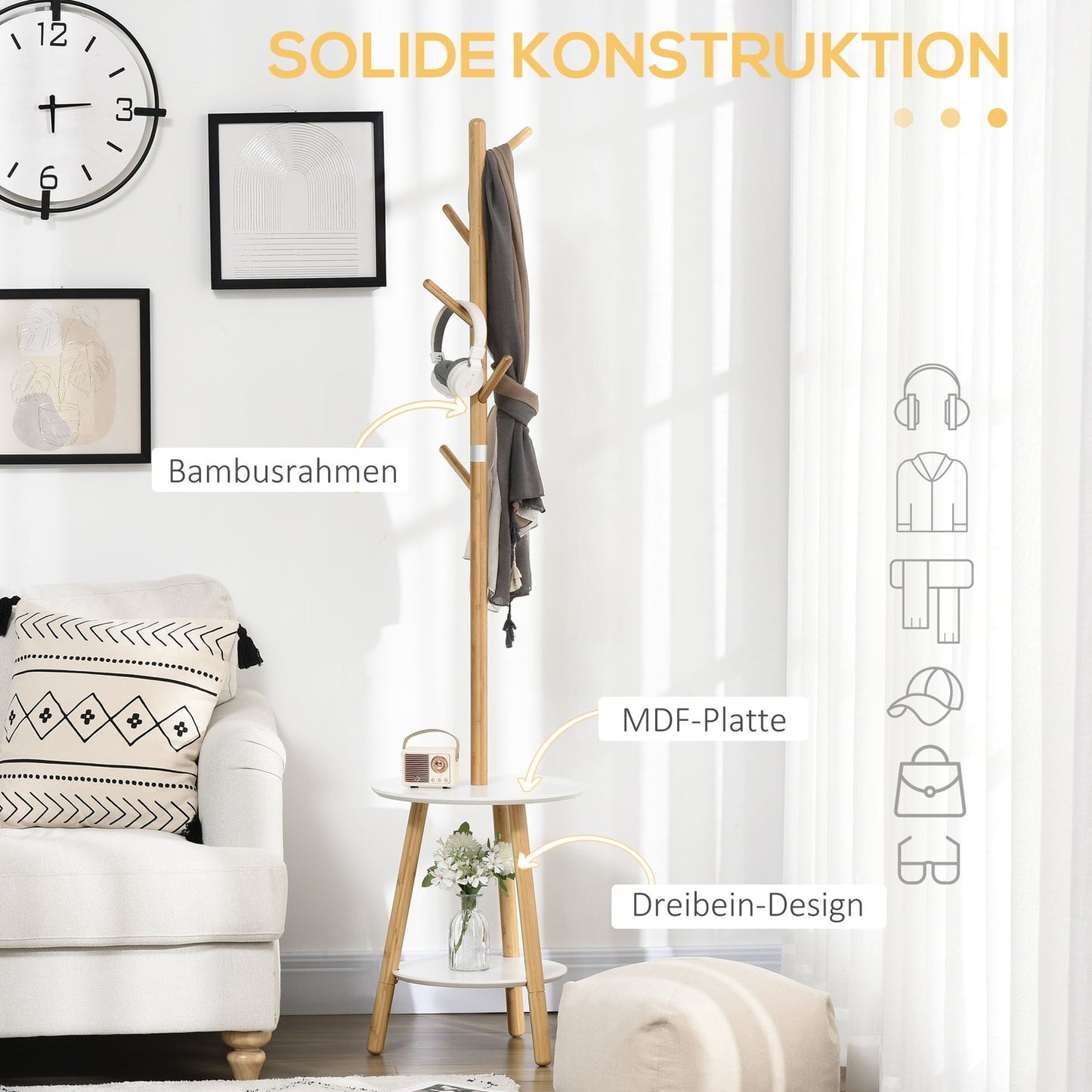 Clothes rack with 5 hooks & side table, 171 cm, natural/white