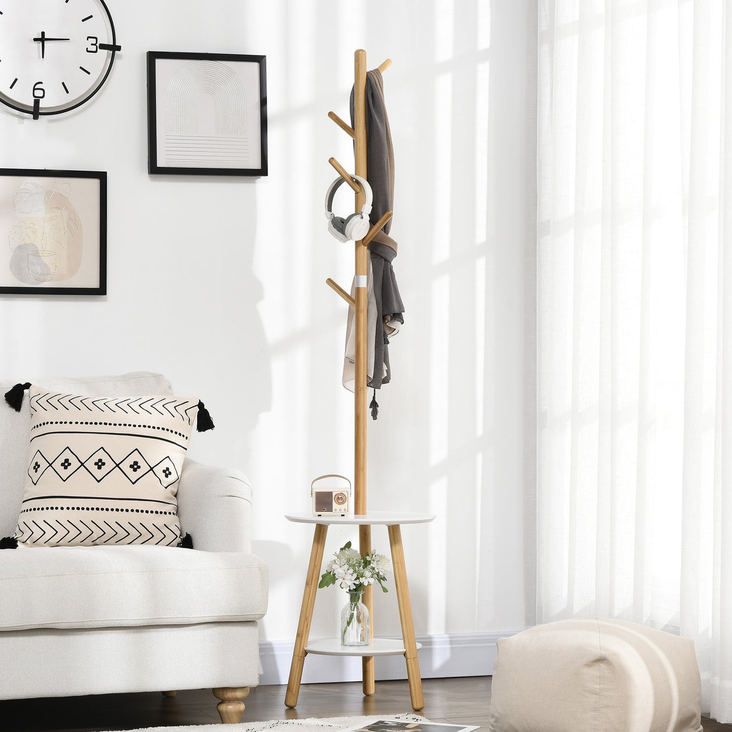 Clothes rack with 5 hooks & side table, 171 cm, natural/white