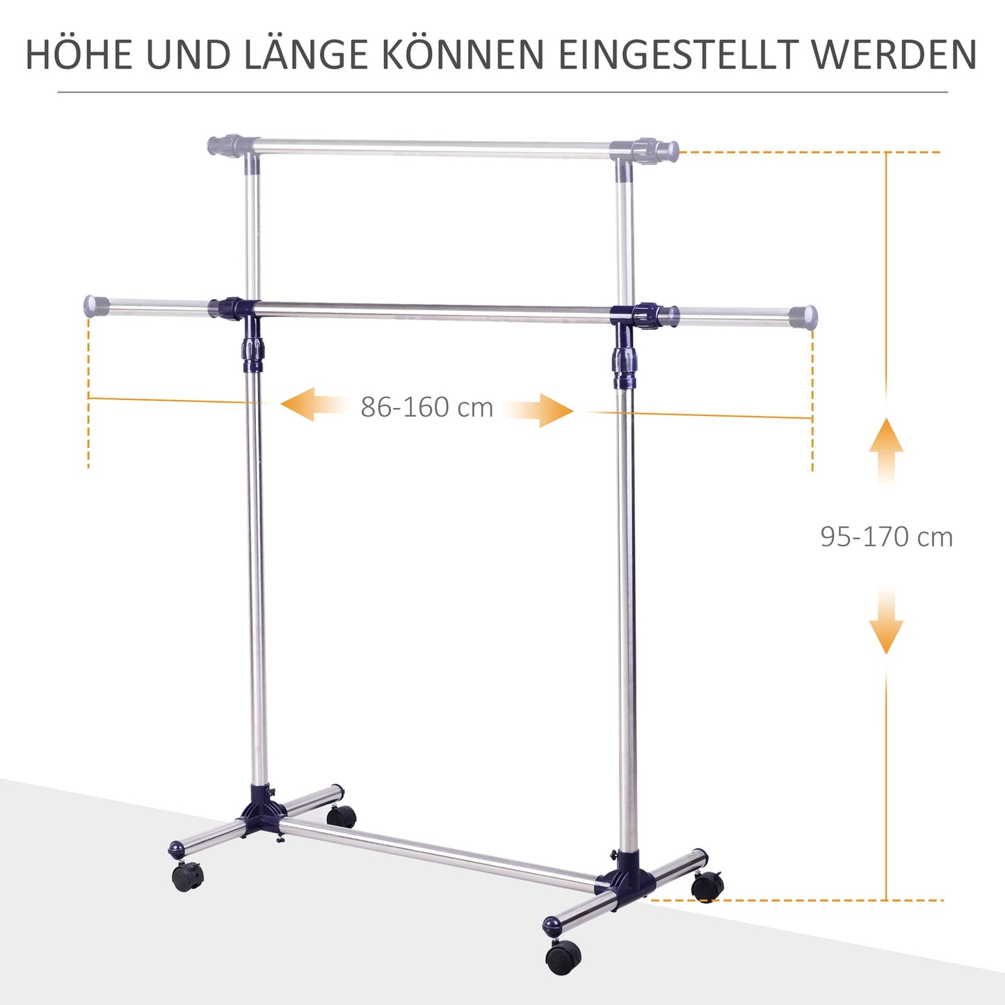 Adjustable clothes rack with wheels - stainless steel rail