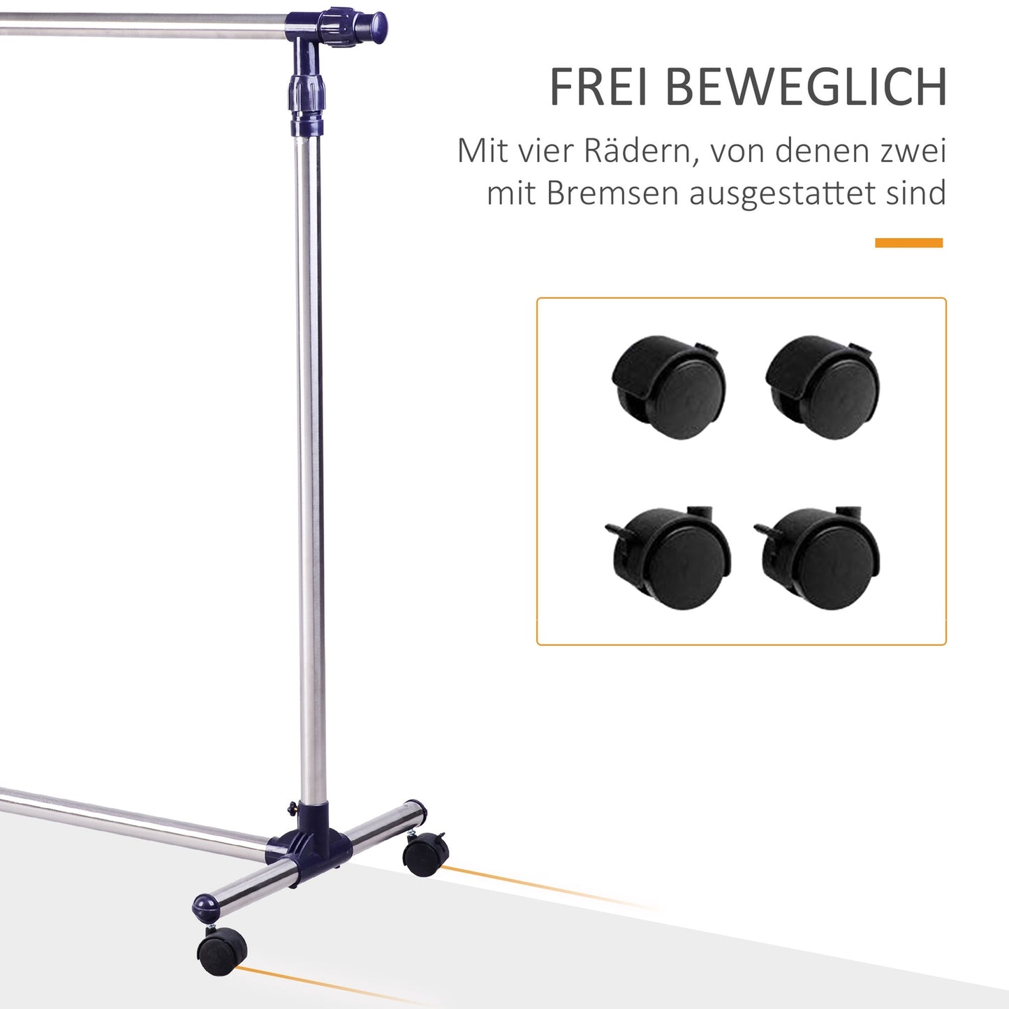 Adjustable clothes rack with wheels - stainless steel rail