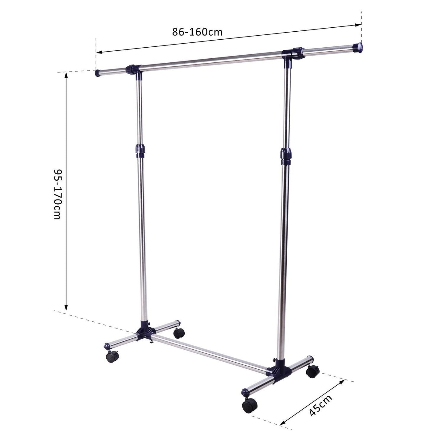 Adjustable clothes rack with wheels - stainless steel rail