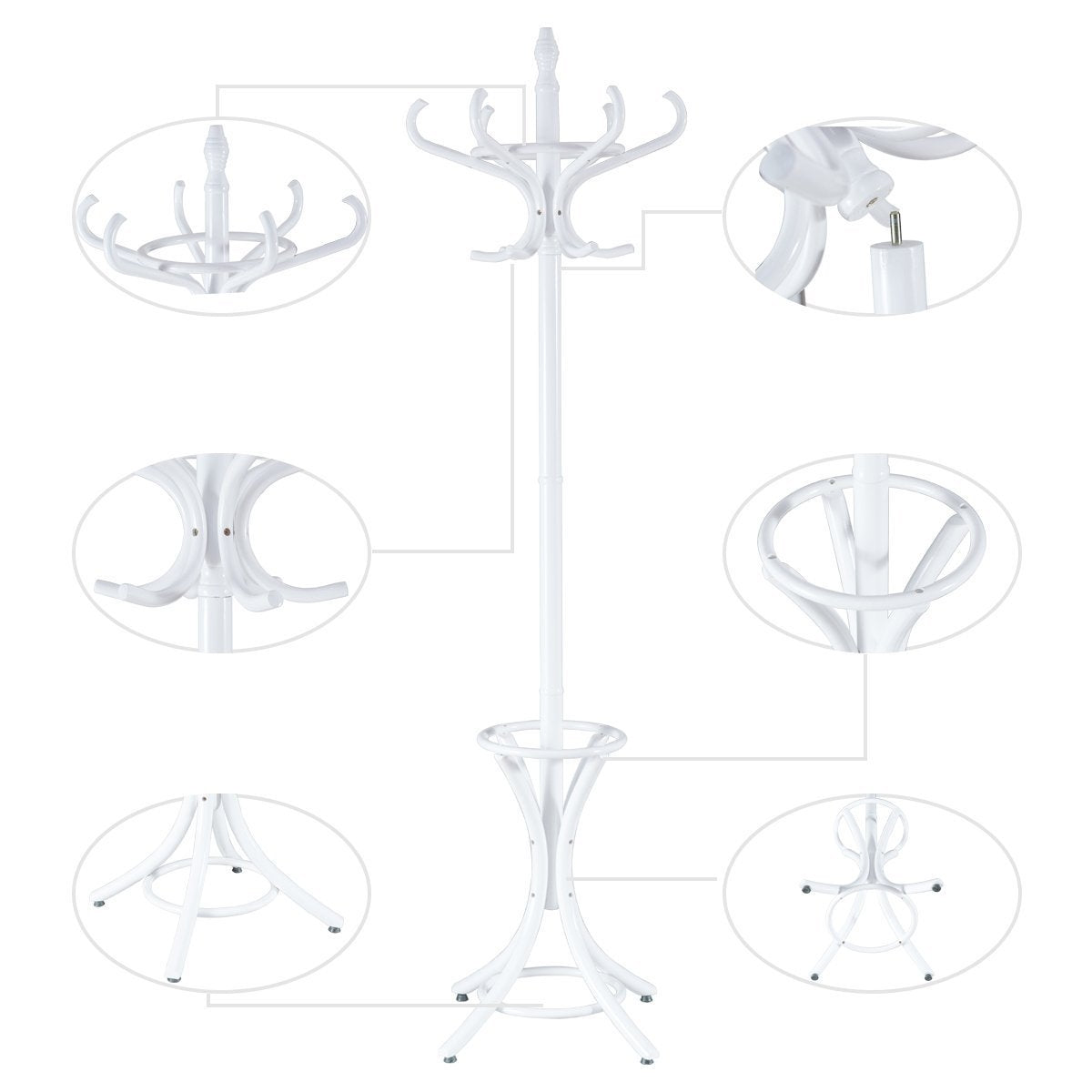 Coat rack coat rack jacket rack with umbrella stand 12 coat hooks-white