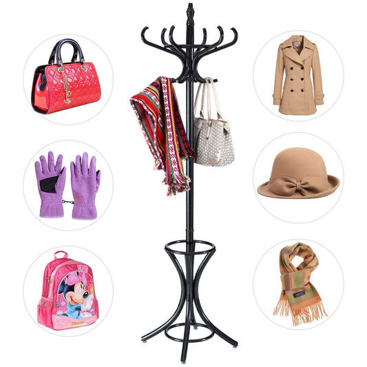 Coat rack coat rack jacket stand with umbrella stand 12 coat hooks-black