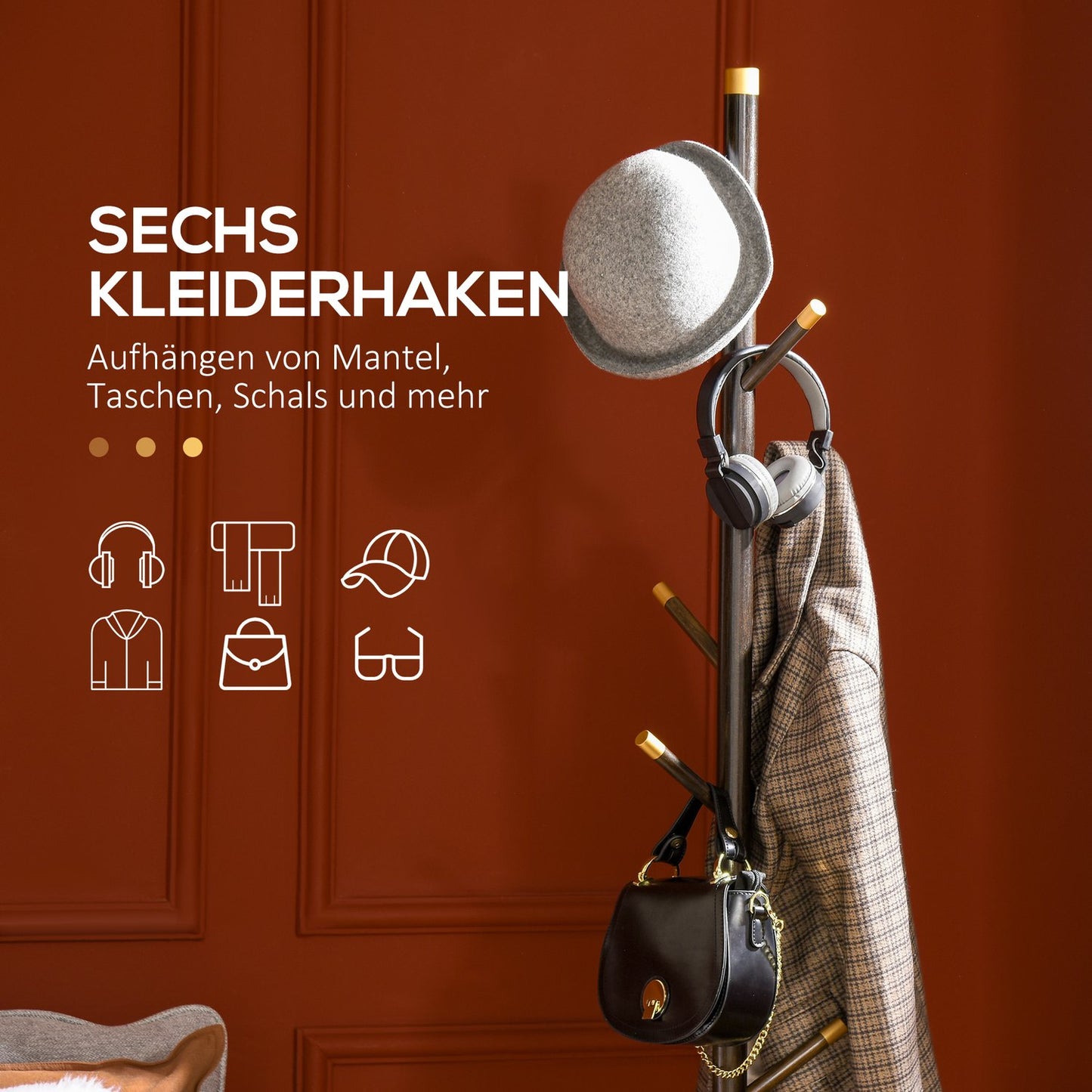 Standing metal coat hanger, 6 hooks, walnut finish, 180 cm