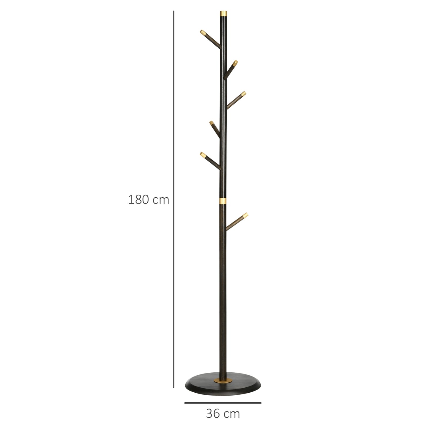Standing metal coat hanger, 6 hooks, walnut finish, 180 cm