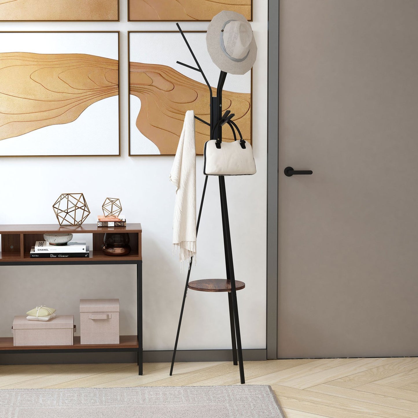 Clothes rack in brown metal with shelf - 8 hooks, 45x45x180cm