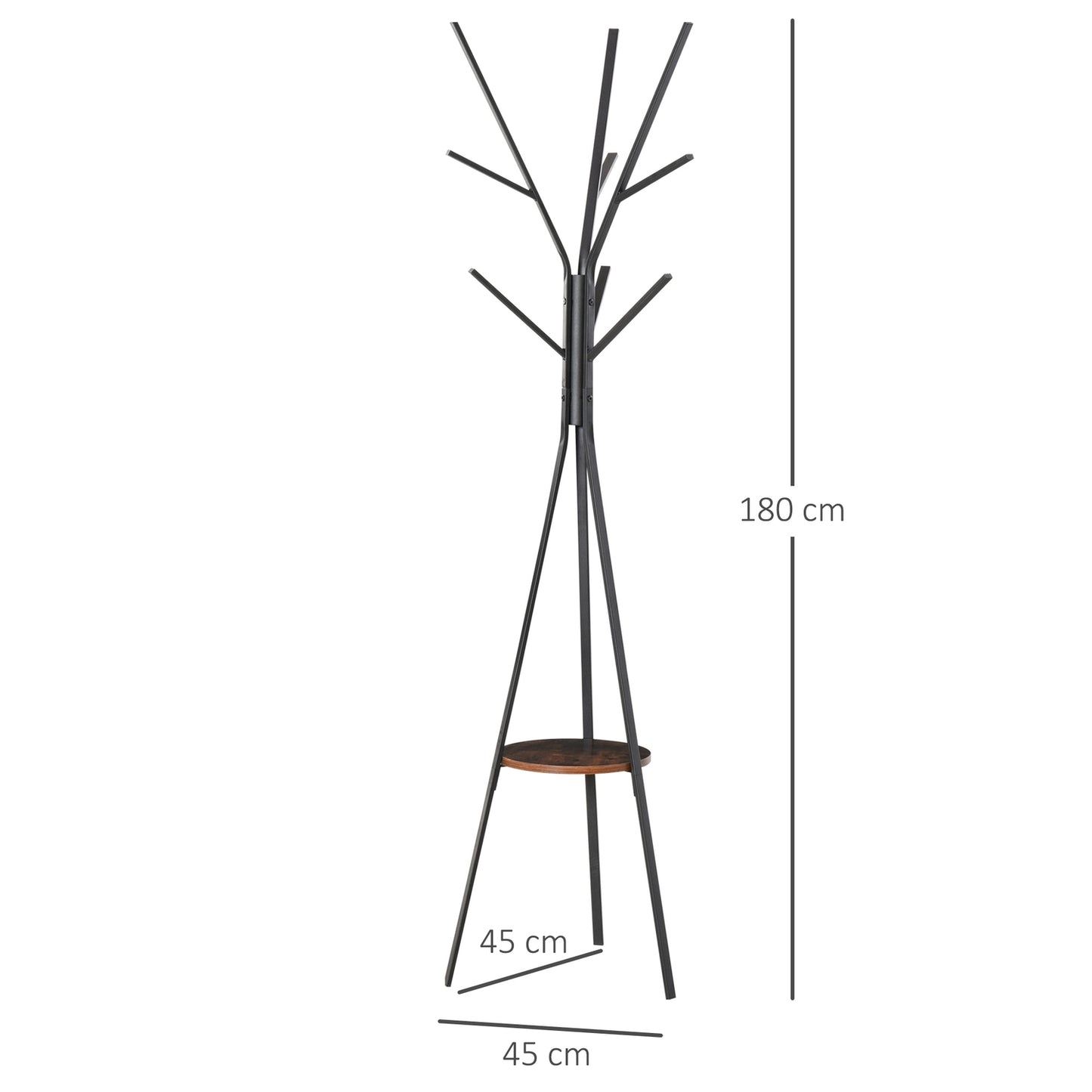 Clothes rack in brown metal with shelf - 8 hooks, 45x45x180cm