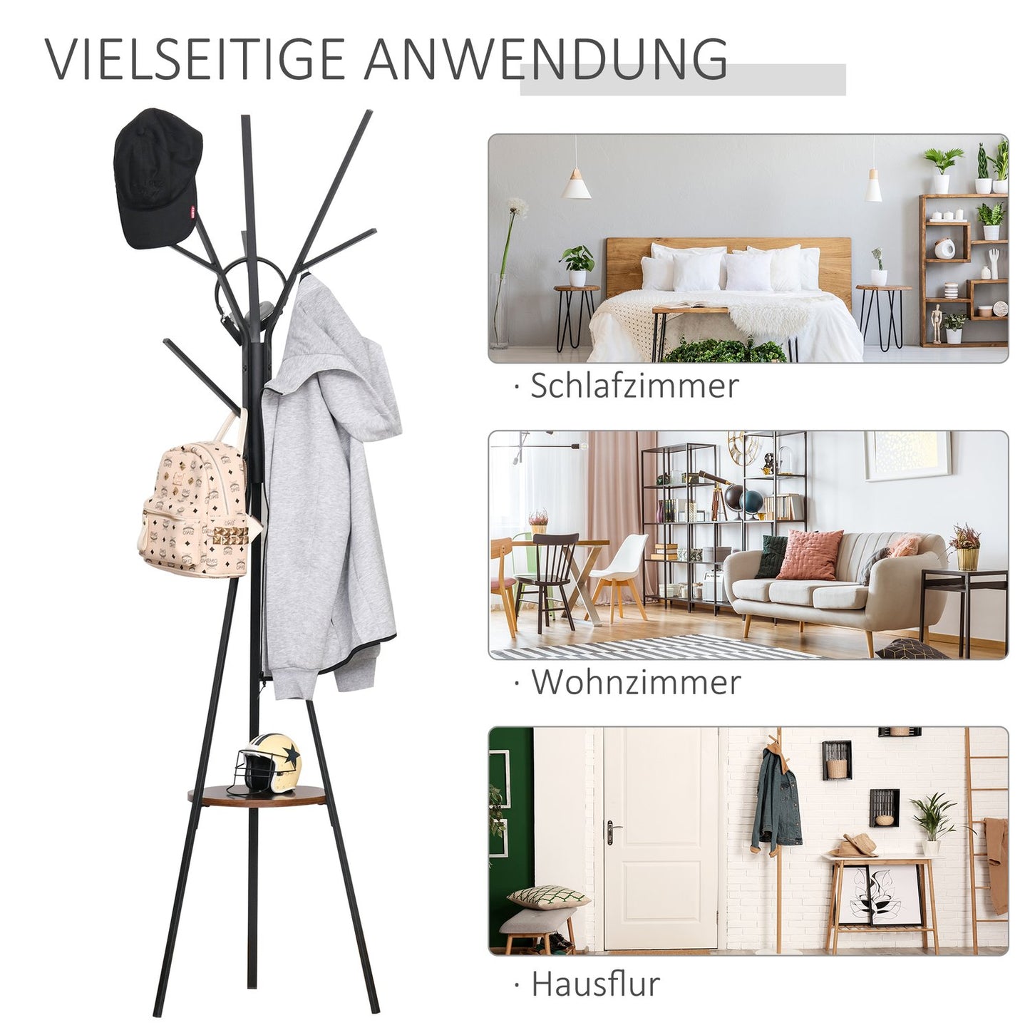 Clothes rack in brown metal with shelf - 8 hooks, 45x45x180cm