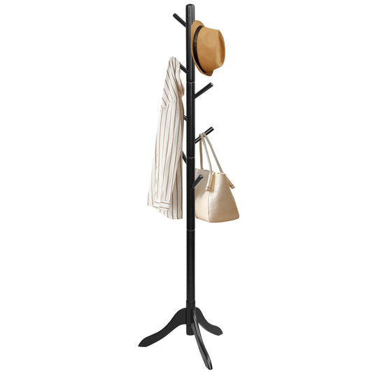 Coat rack with 8 hooks, wooden clothes rack, height adjustable, 175 cm, black