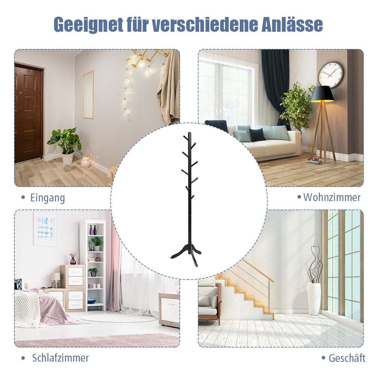 Coat rack with 8 hooks, wooden clothes rack, height adjustable, 175 cm, black