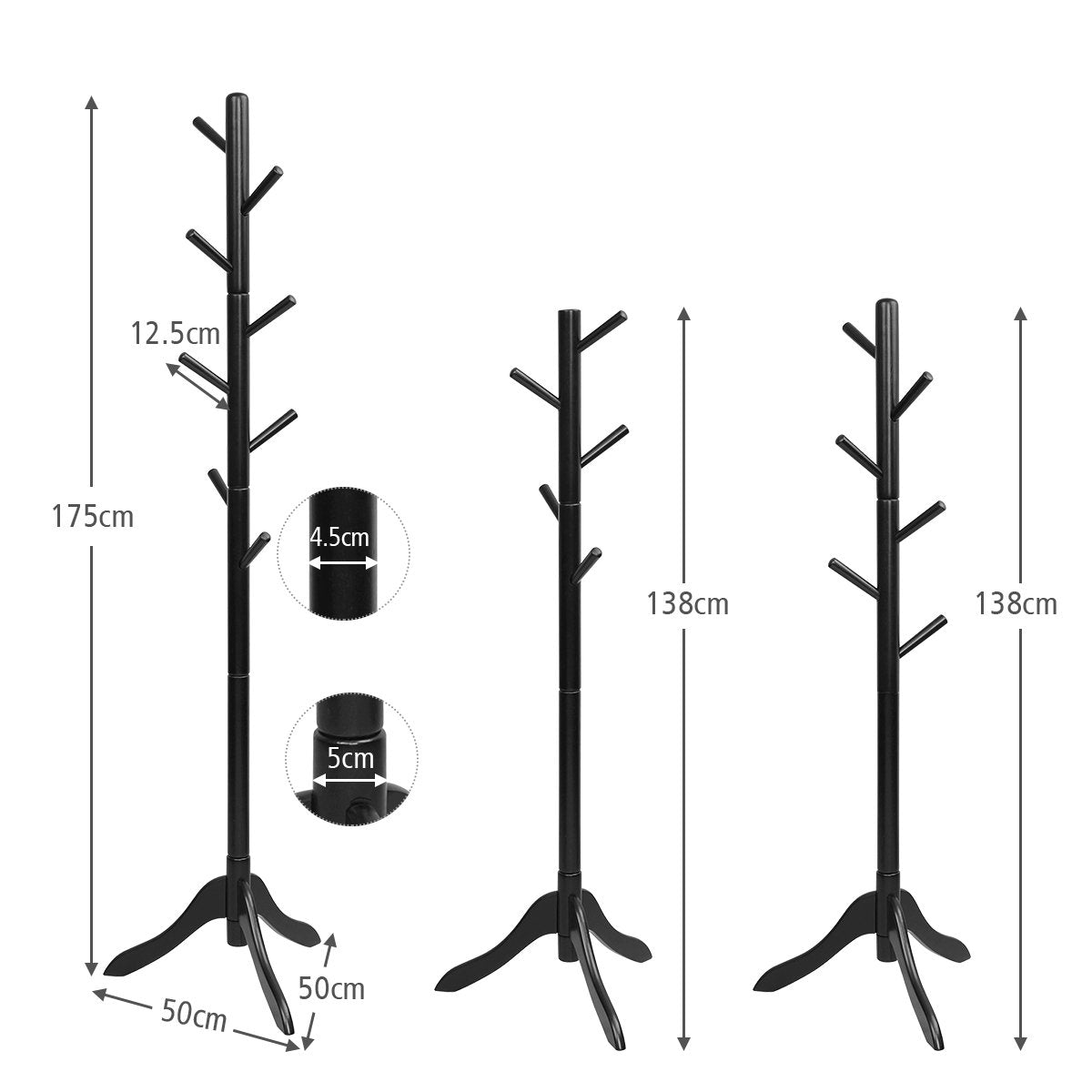 Coat rack with 8 hooks, wooden clothes rack, height adjustable, 175 cm, black