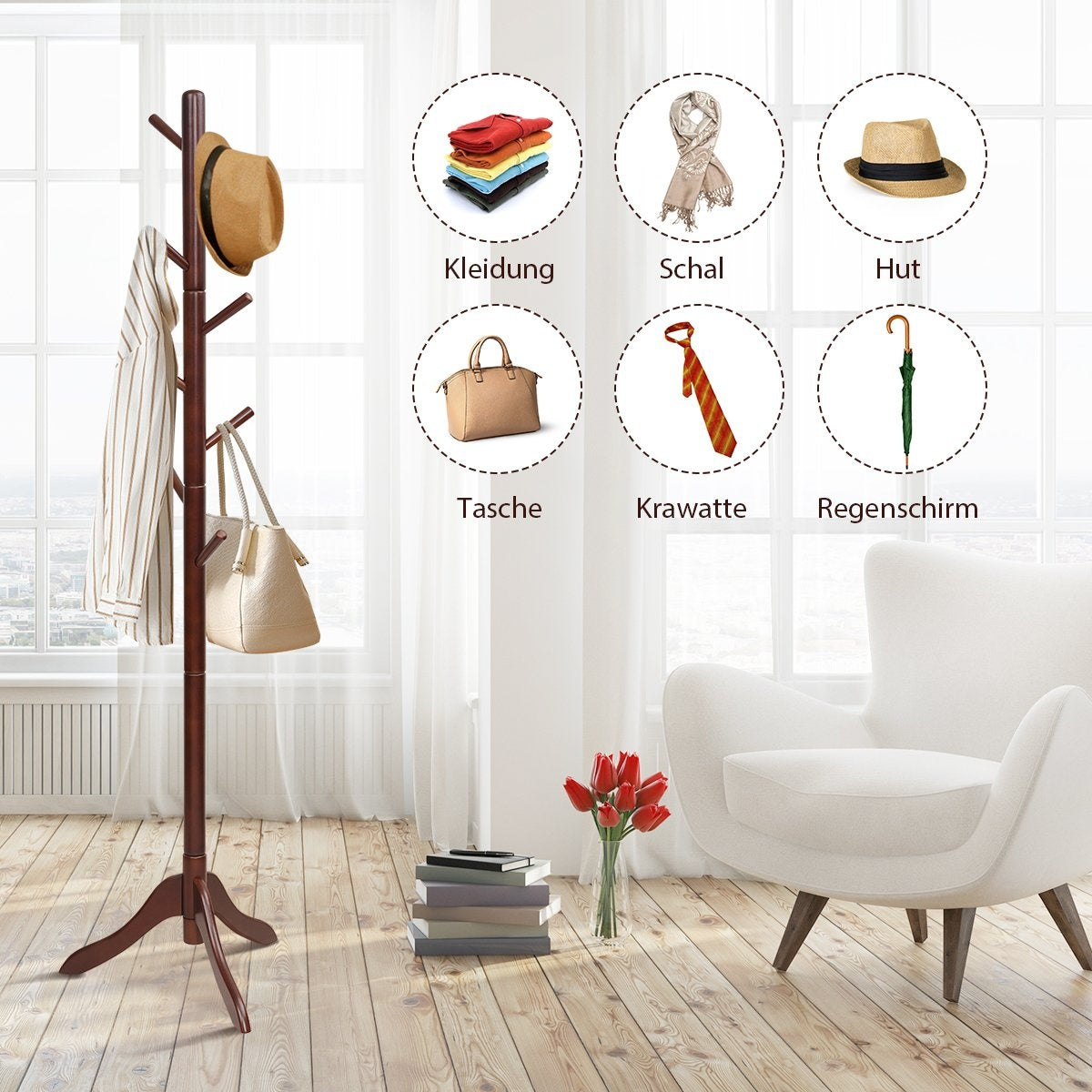 Coat rack with 8 hooks, wooden clothes rack, height adjustable, 175 cm, brown