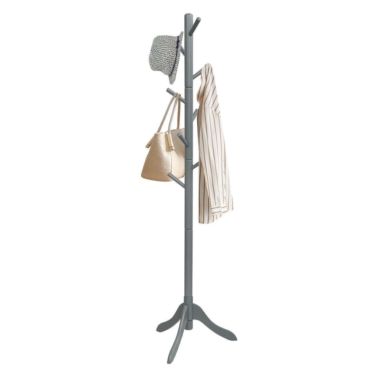 Coat rack with 8 hooks, wooden clothes rack, height adjustable, 175 cm, grey