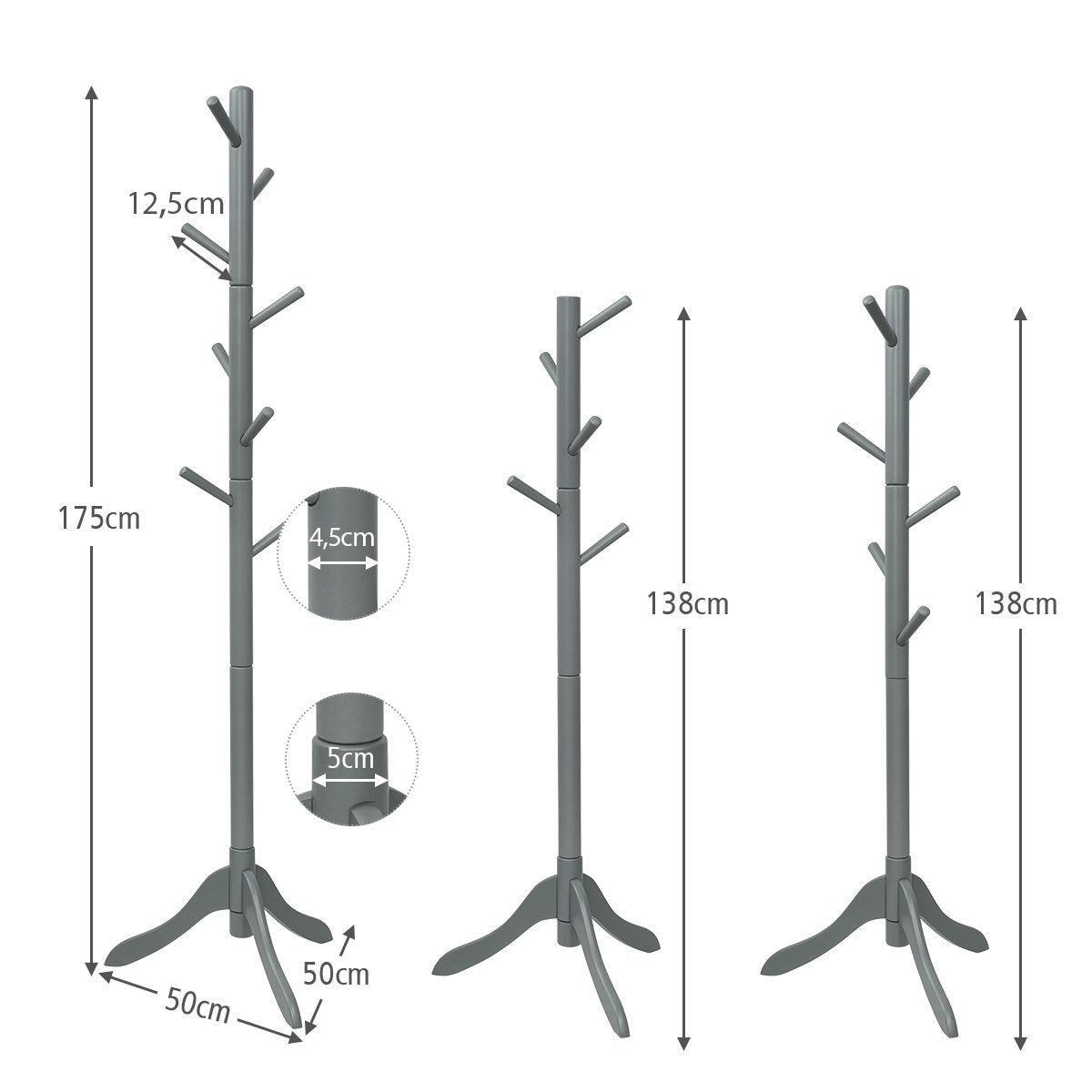 Coat rack with 8 hooks, wooden clothes rack, height adjustable, 175 cm, grey
