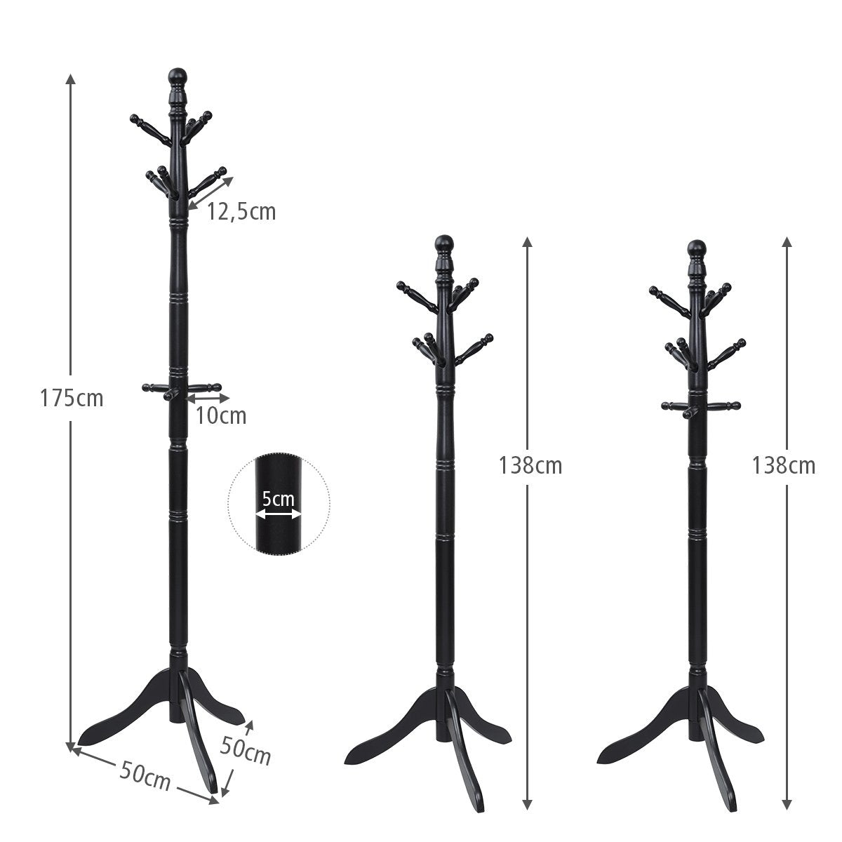 Coat rack with 9 hooks free-standing clothes rack with adjustable height 175 cm black