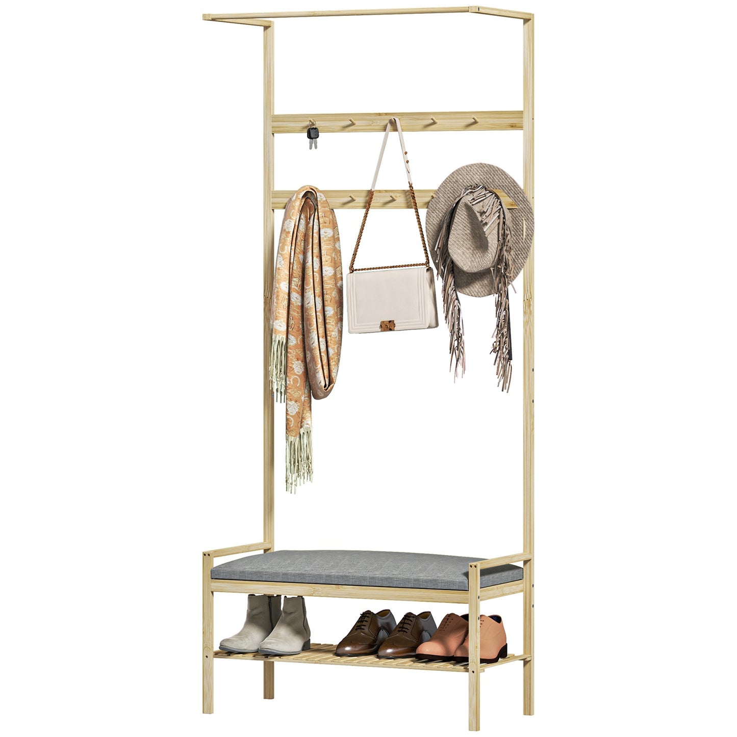 Bamboo coat and shoe rack with bench and hooks