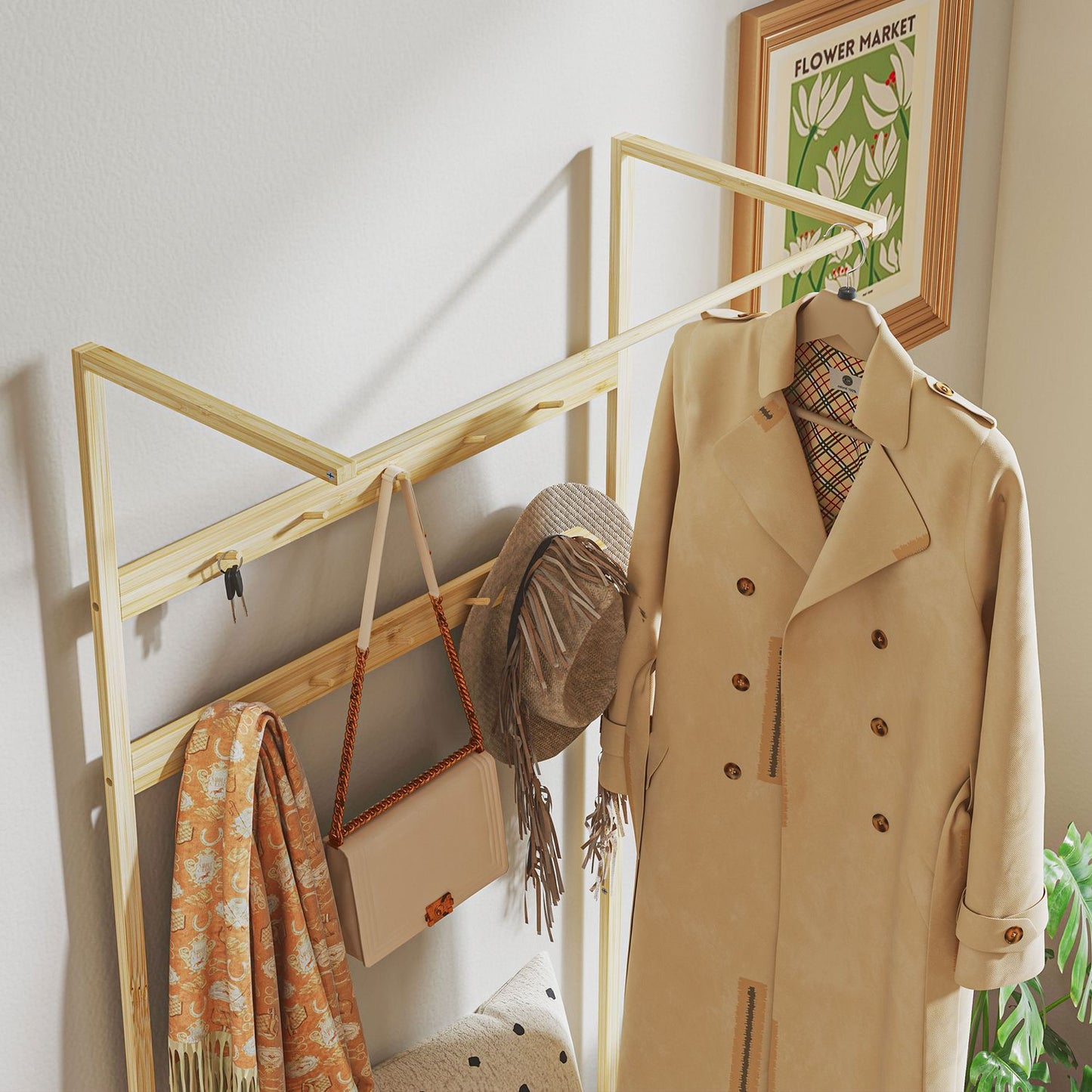 Bamboo coat and shoe rack with bench and hooks