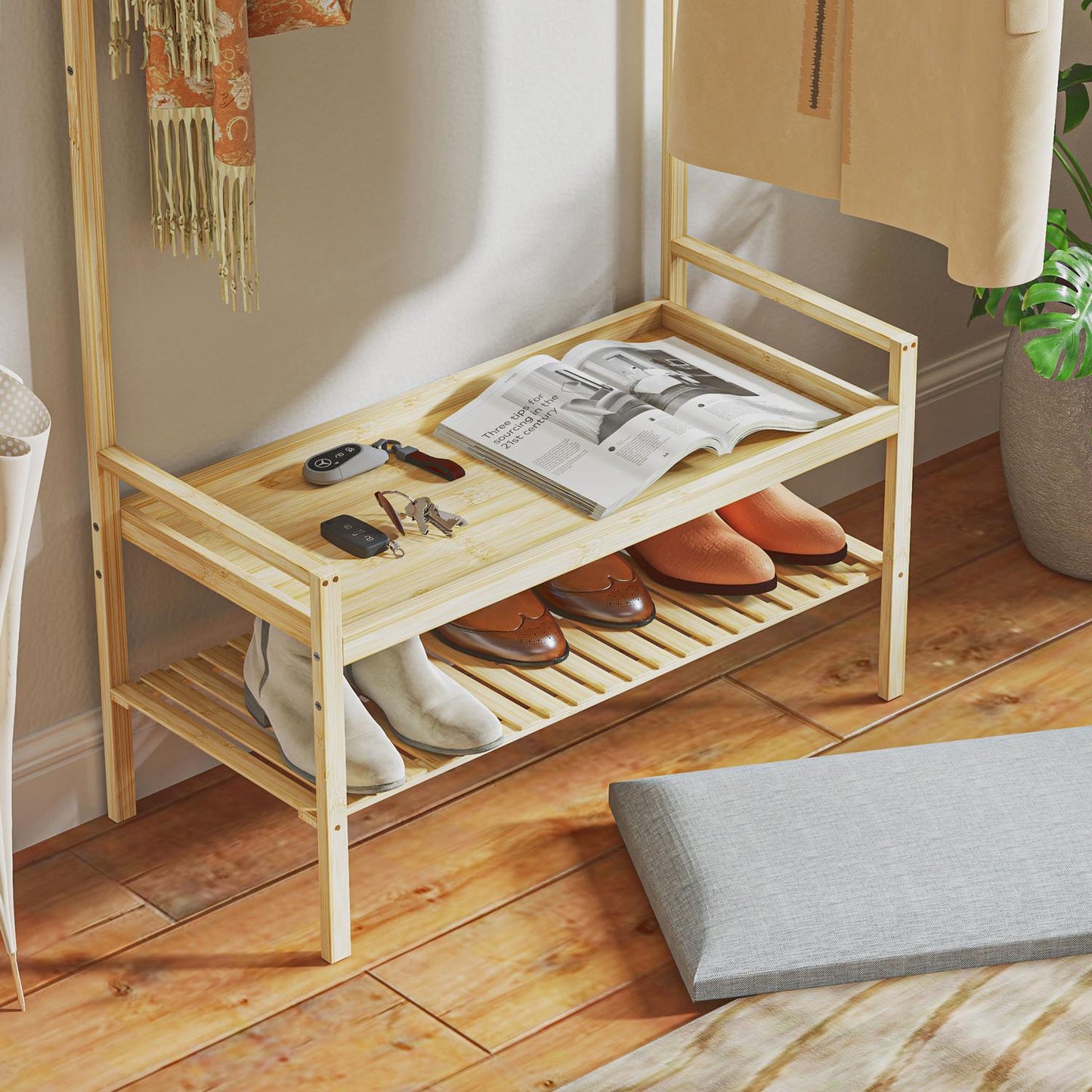 Bamboo coat and shoe rack with bench and hooks
