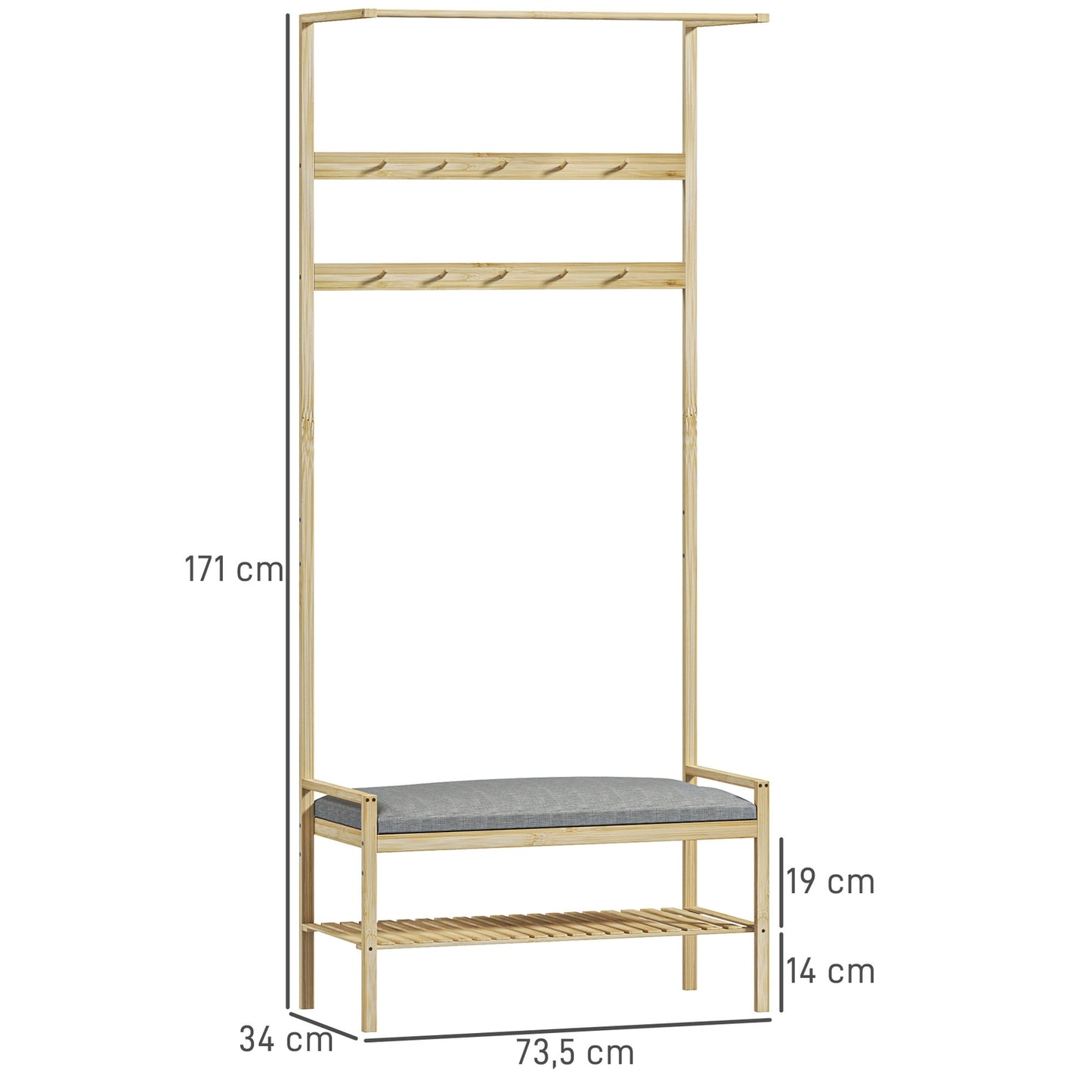Bamboo coat and shoe rack with bench and hooks