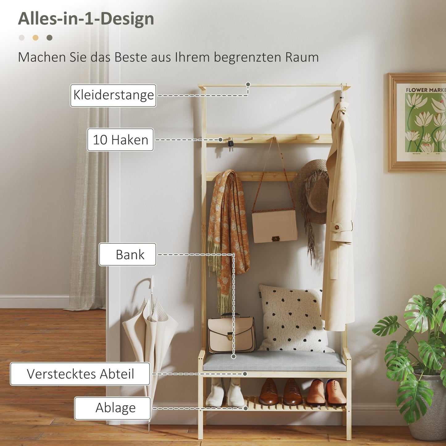 Bamboo coat and shoe rack with bench and hooks