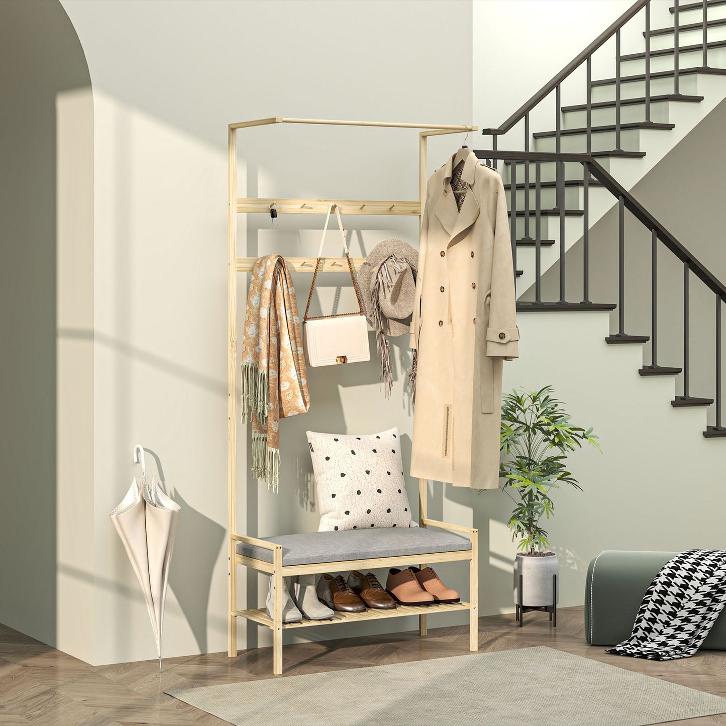 Bamboo coat and shoe rack with bench and hooks