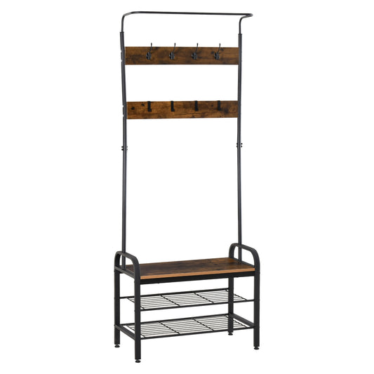Black MDF coat and shoe rack - 8 hooks, 2 shelves