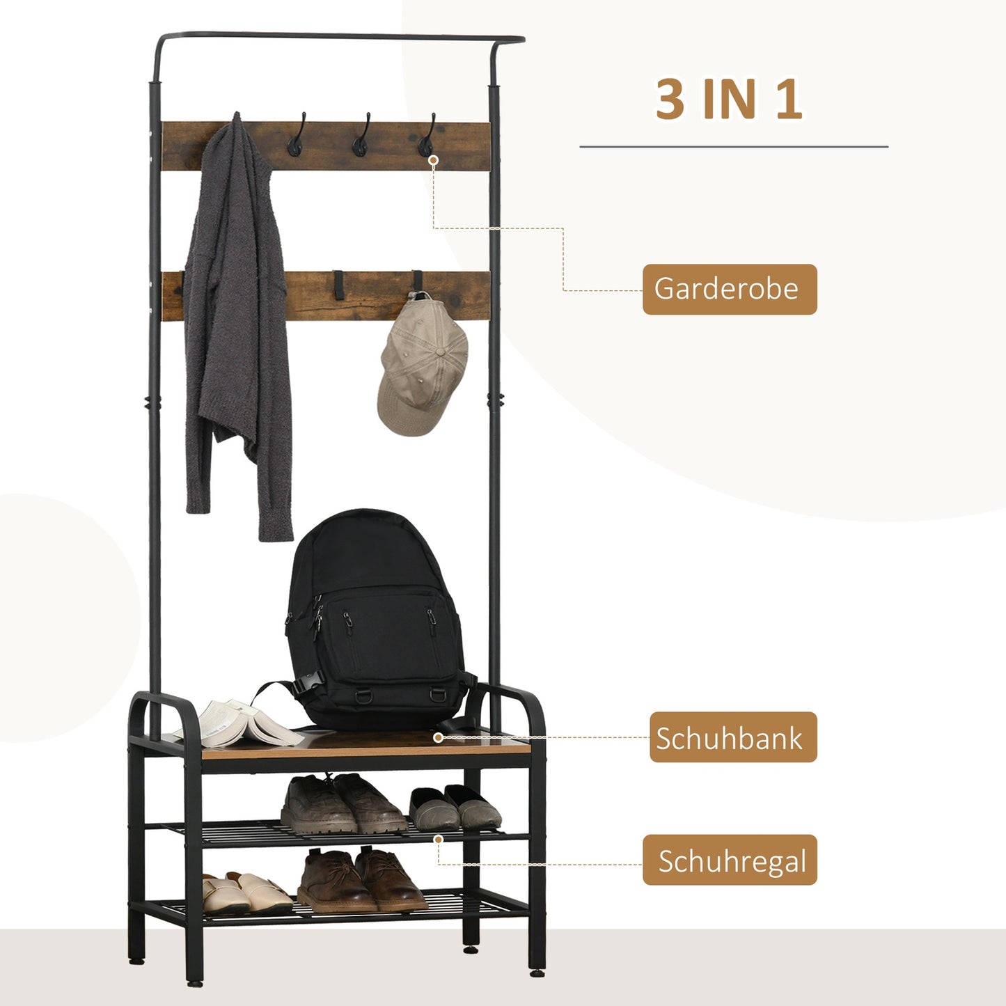 Black MDF coat and shoe rack - 8 hooks, 2 shelves