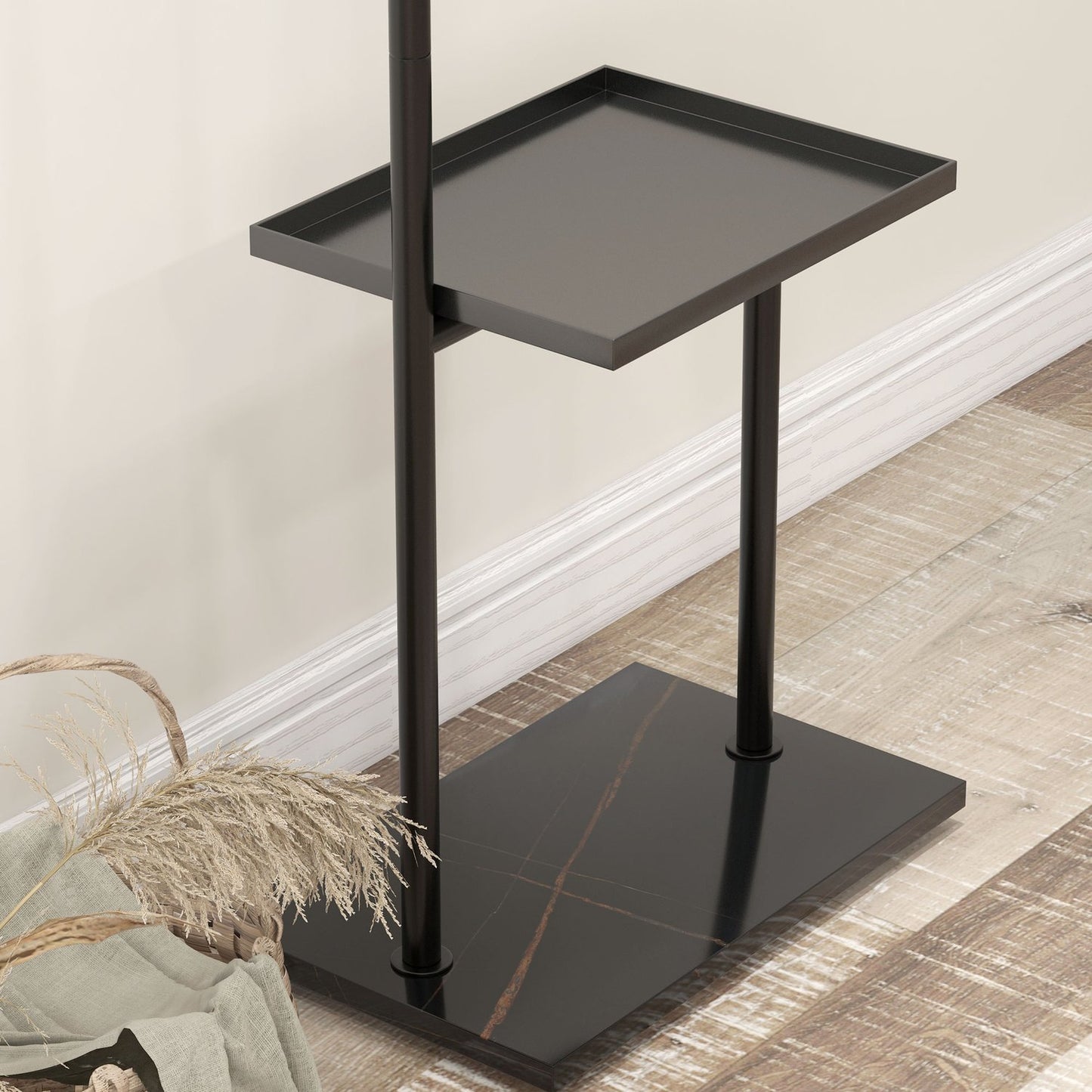 Black coat & hat shelf with hooks and tray - 148 cm