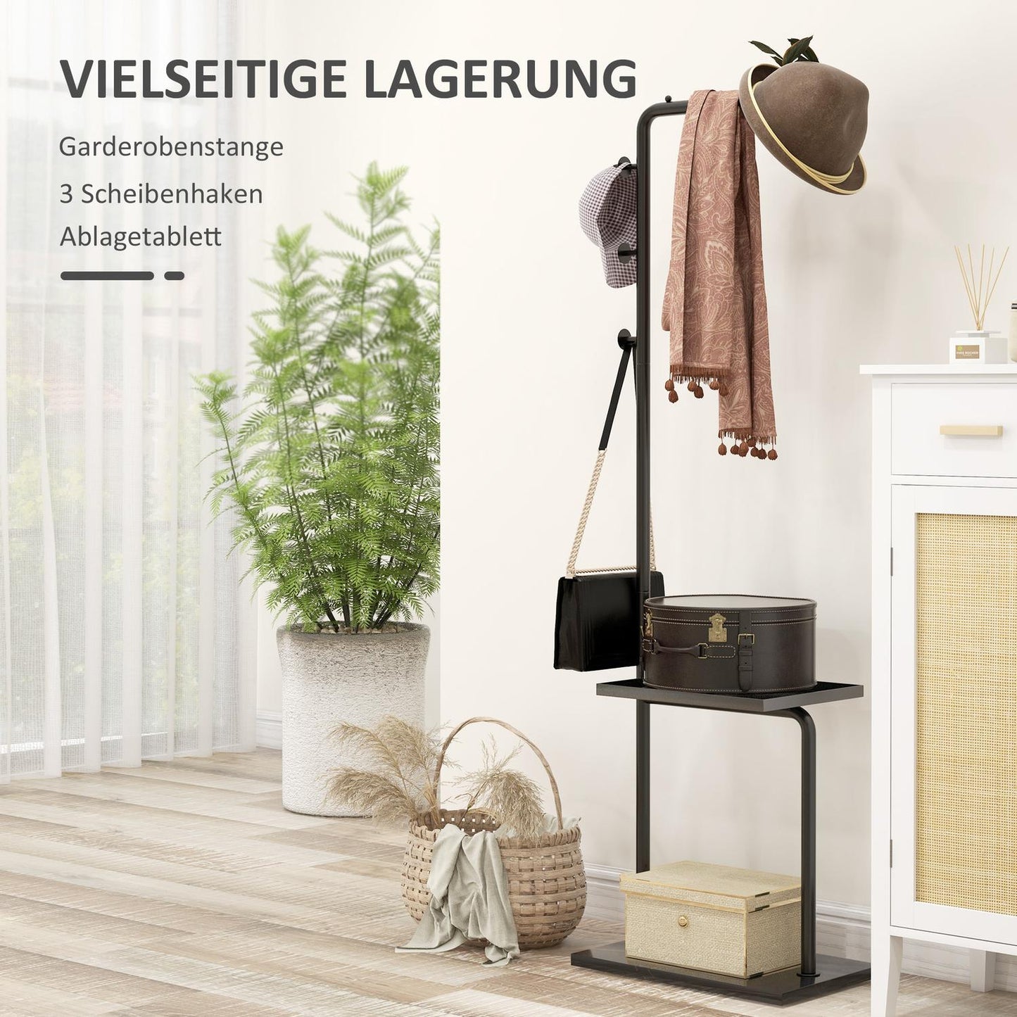 Black coat & hat shelf with hooks and tray - 148 cm