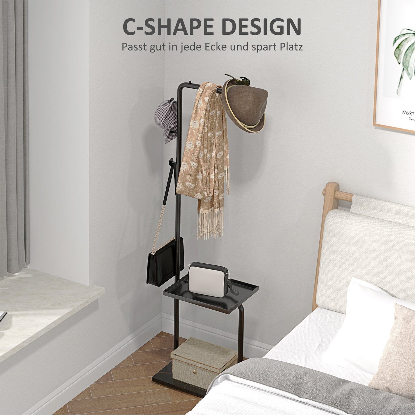 Black coat & hat shelf with hooks and tray - 148 cm