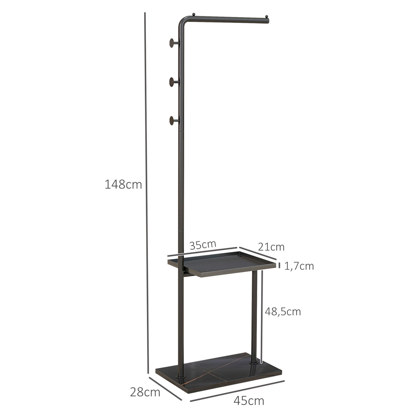 Black coat & hat shelf with hooks and tray - 148 cm