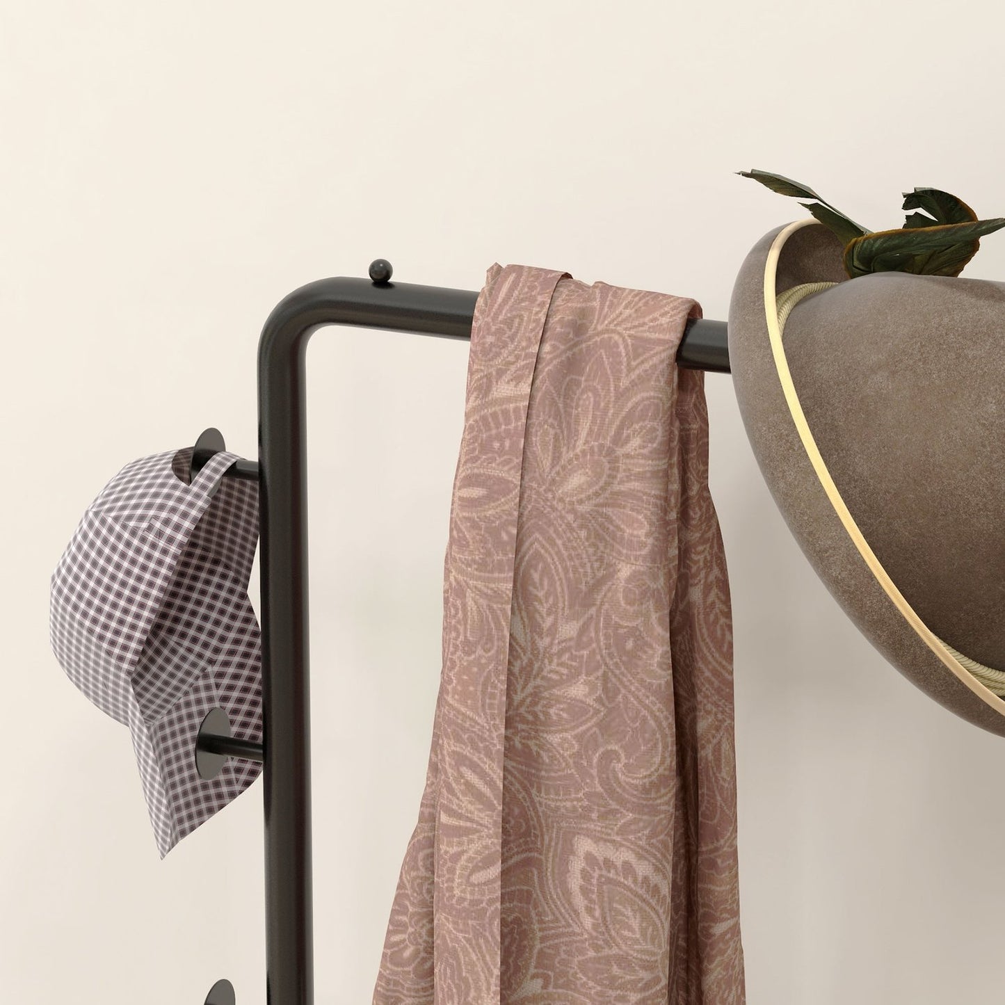 Black coat & hat shelf with hooks and tray - 148 cm