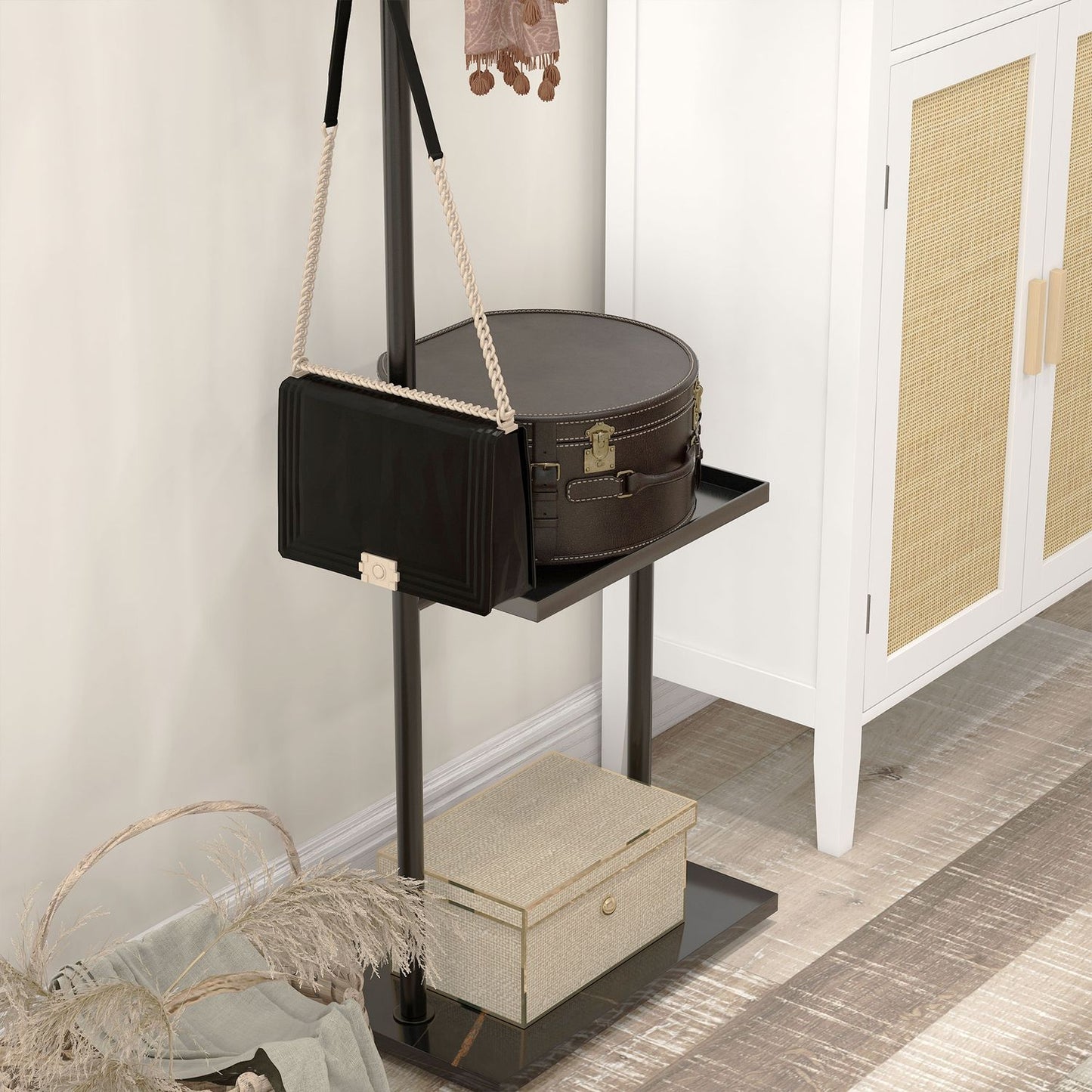 Black coat & hat shelf with hooks and tray - 148 cm