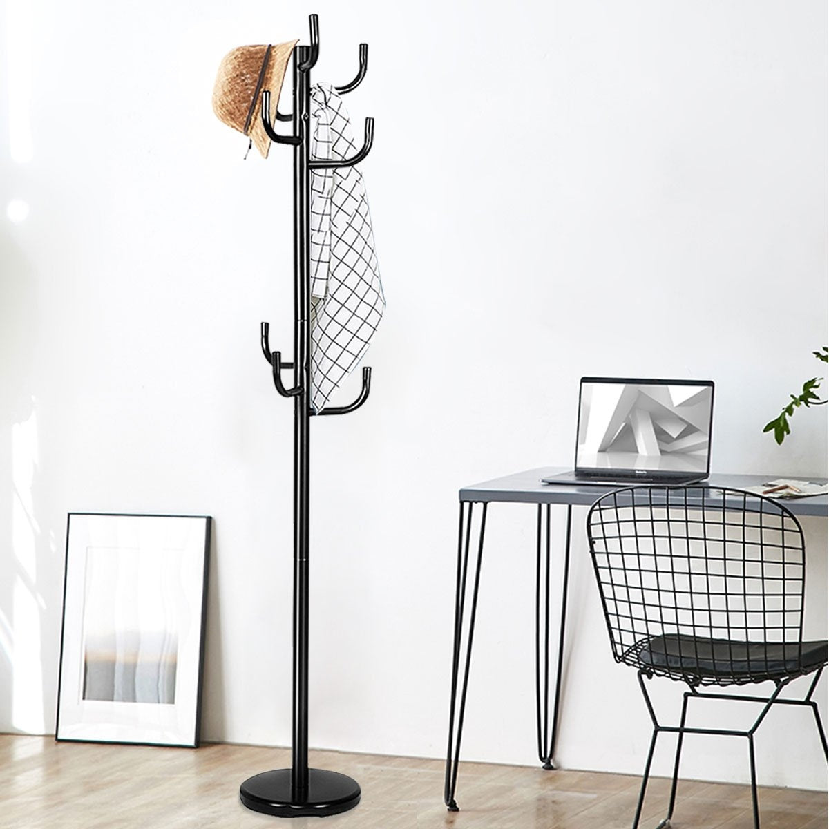 Coat stand with 8 hooks jacket stand made of metal black 38 x 175 cm