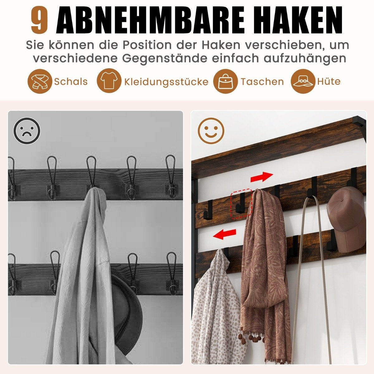 Coat stand with 9 hooks & shoe rack 3 levels coat rack industrial design brown