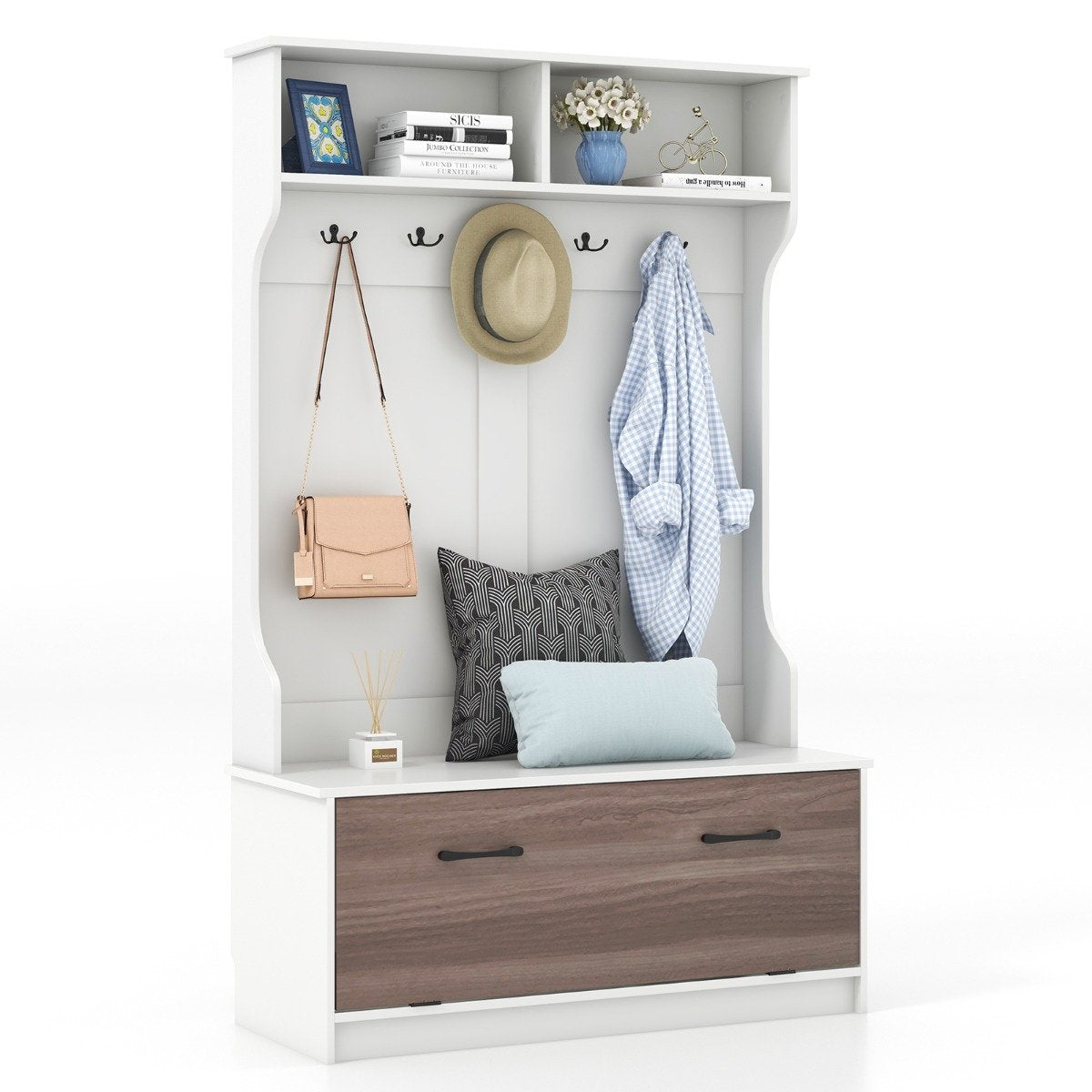 Coat stand with bench & 5 double hooks coat rack hallway coat rack 100 x 40 x 160 cm white