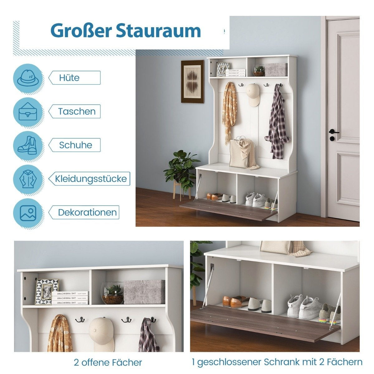 Coat stand with bench & 5 double hooks coat rack hallway coat rack 100 x 40 x 160 cm white