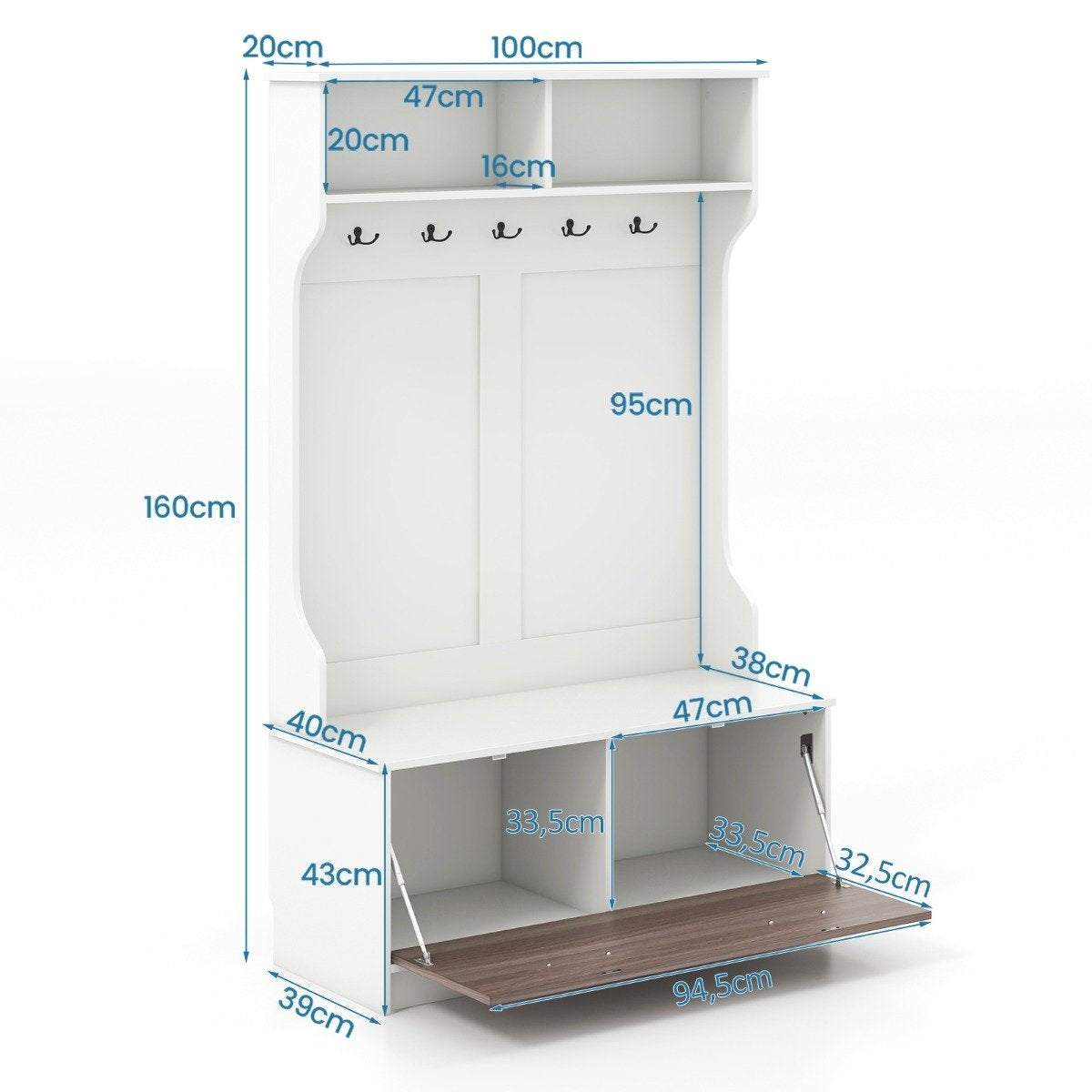 Coat stand with bench & 5 double hooks coat rack hallway coat rack 100 x 40 x 160 cm white