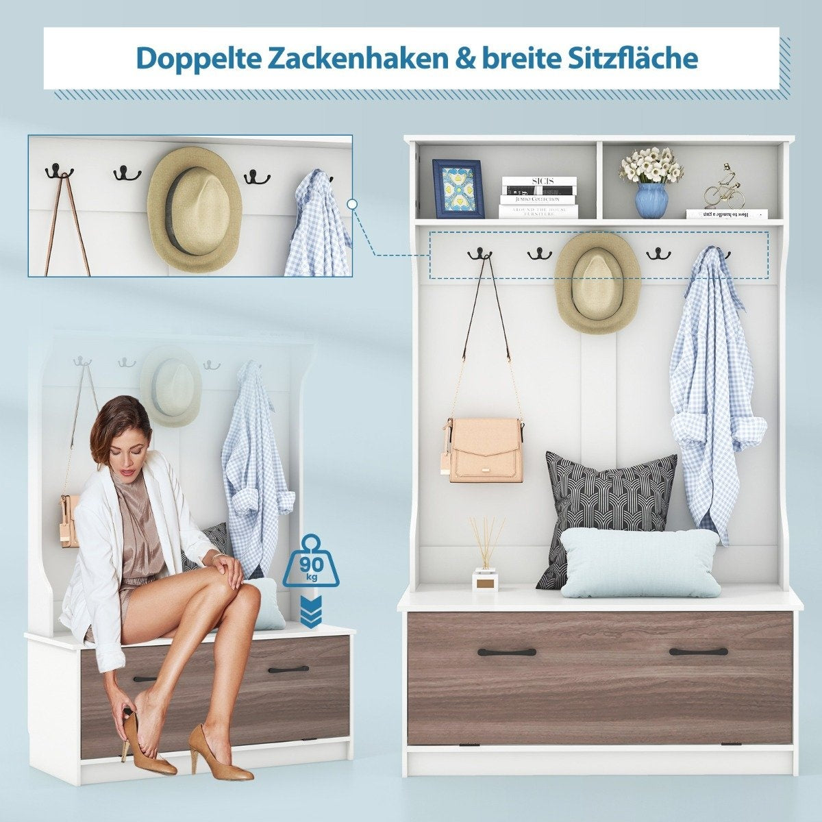 Coat stand with bench & 5 double hooks coat rack hallway coat rack 100 x 40 x 160 cm white