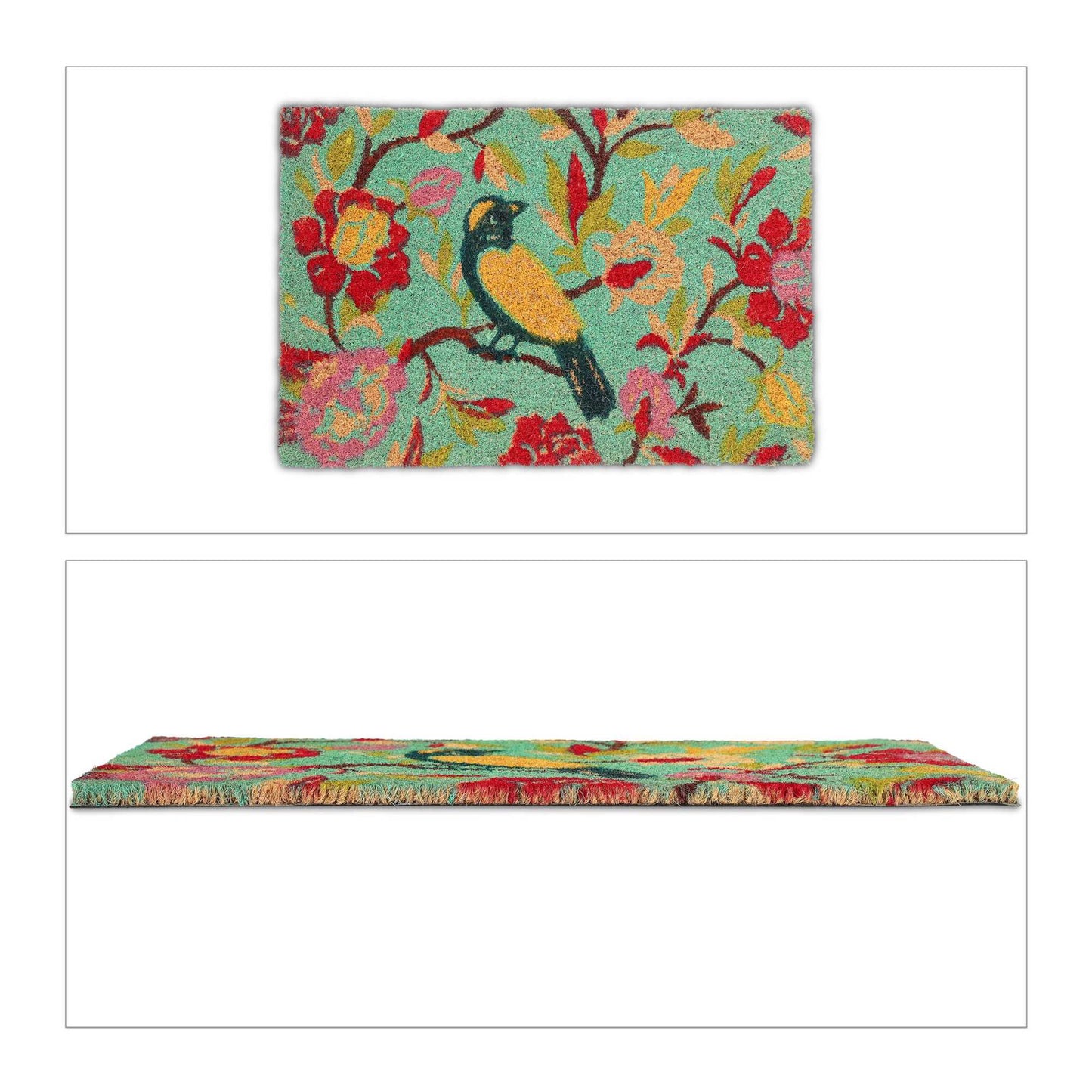 Coconut fiber doormat with bird motif
